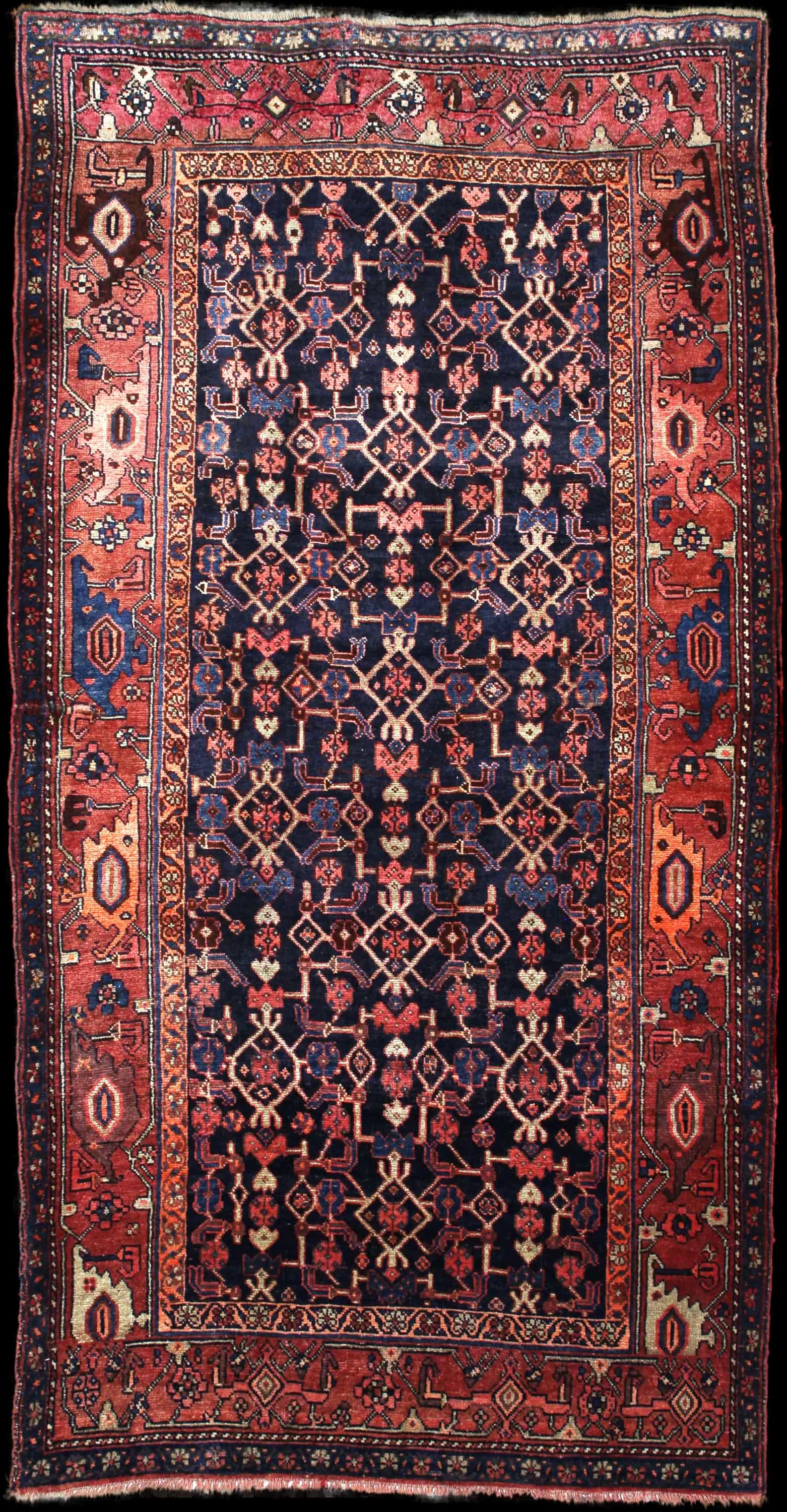 Handmade Perse rug in dimensions 244 centimeters length by 130 centimeters width with mainly Bleu et Marron colors