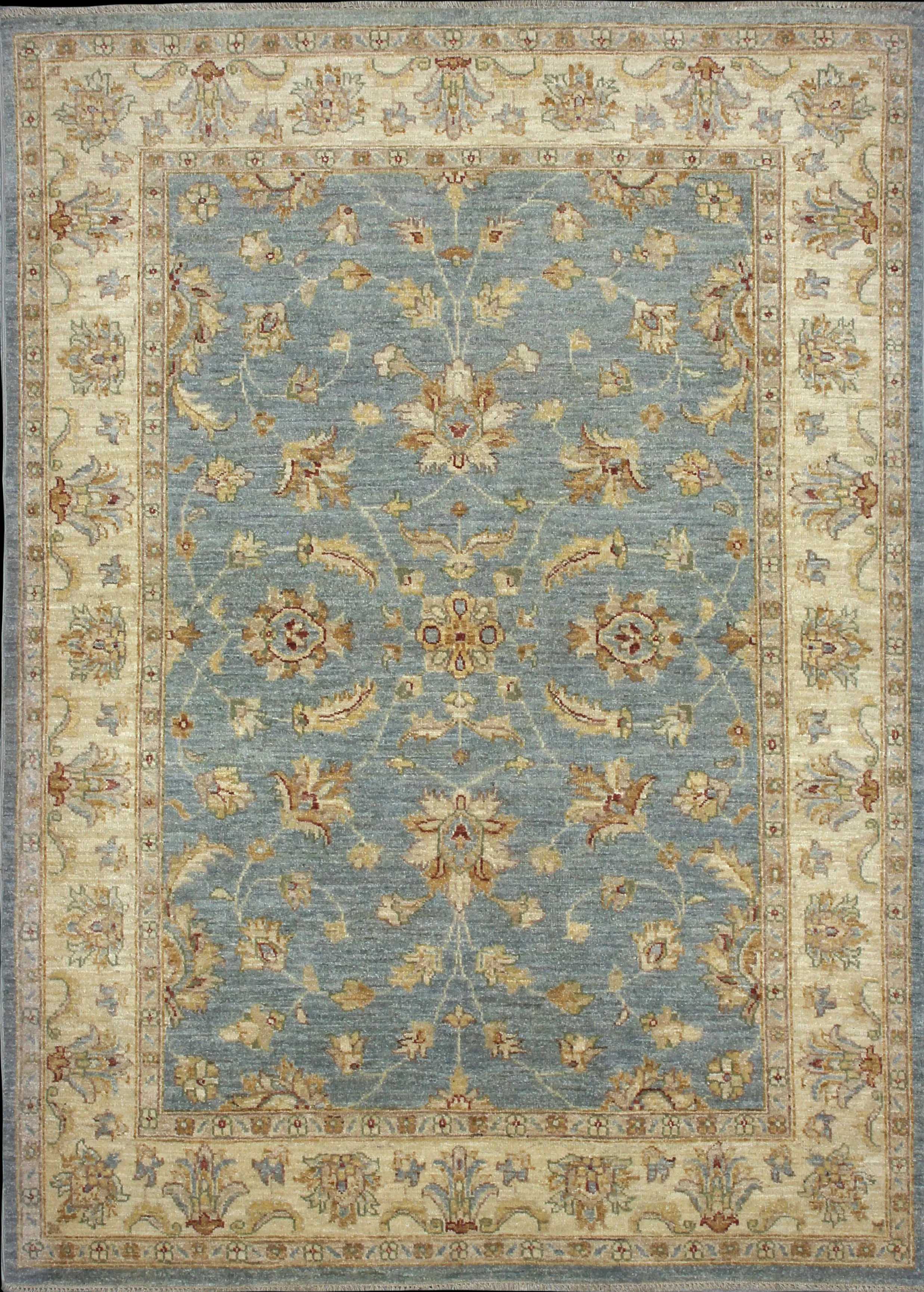 Handmade Pakistan rug in dimensions 201 centimeters length by 144 centimetres width with mainly Blue and Yellow colors