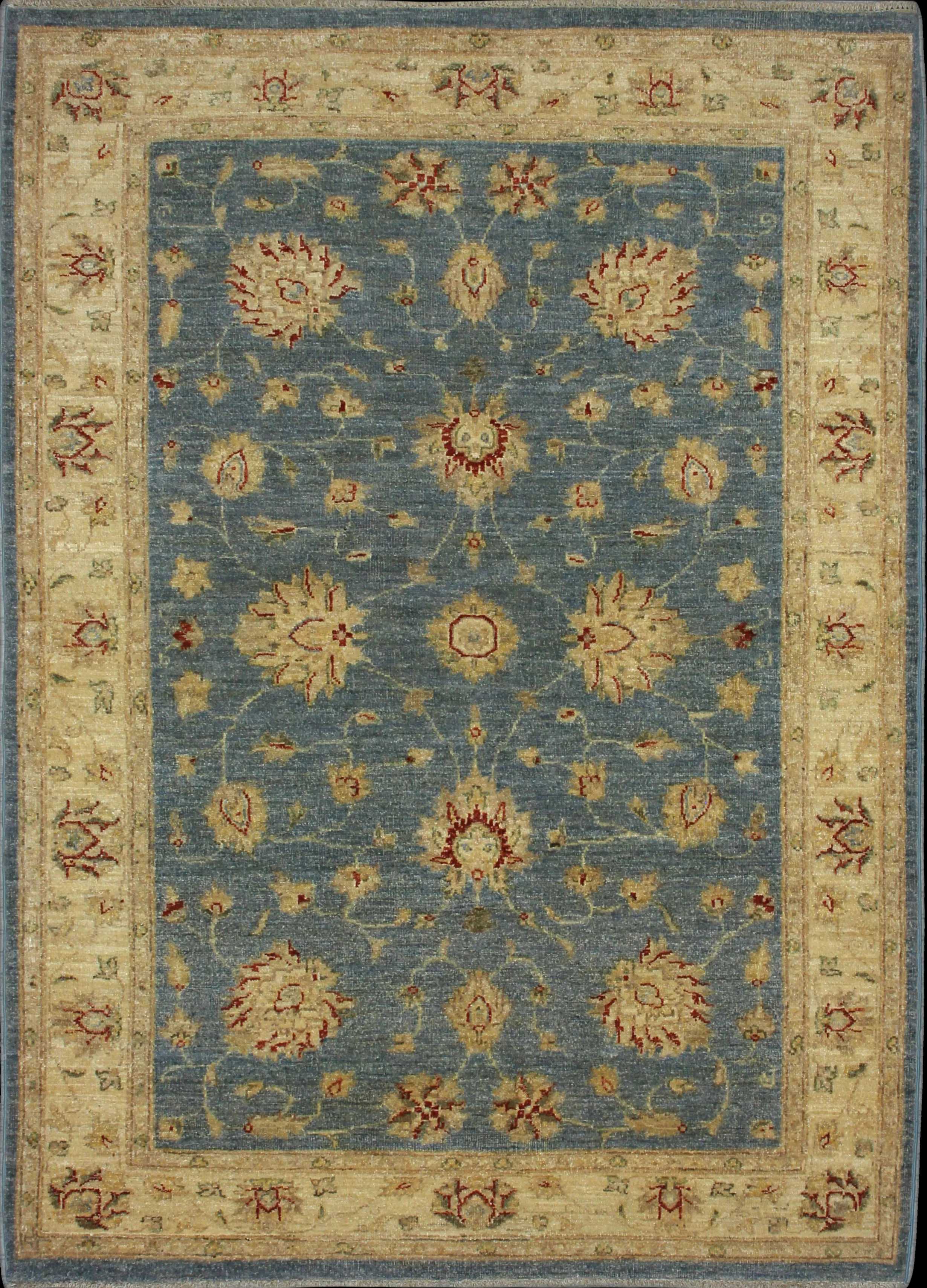 Handmade Pakistan rug in dimensions 200 centimeters length by 139 centimetres width with mainly Blue and Yellow colors