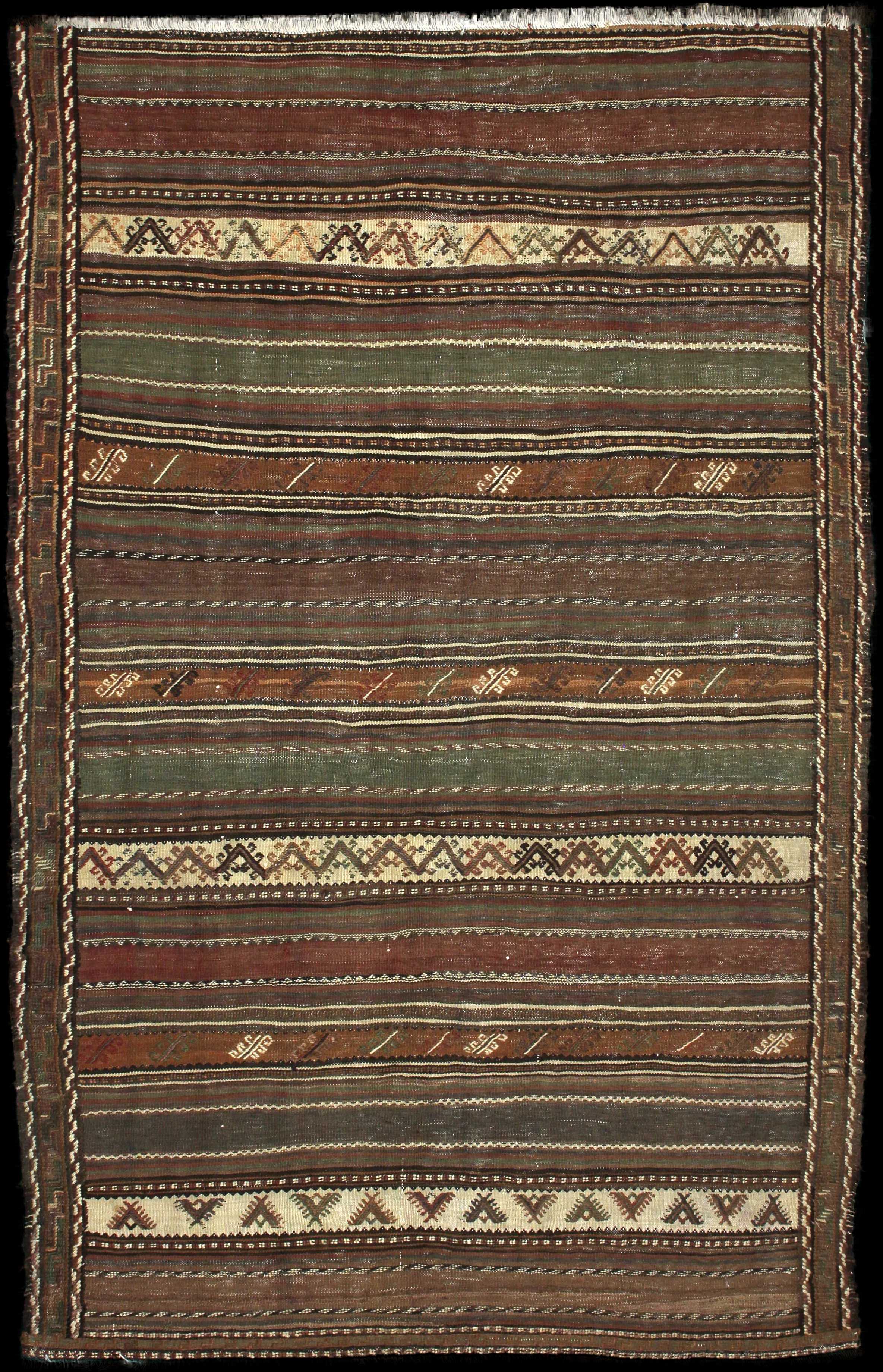 Handmade Persian rug of Sumak style in dimensions 212 centimeters length by 138 centimetres width with mainly Brown colors