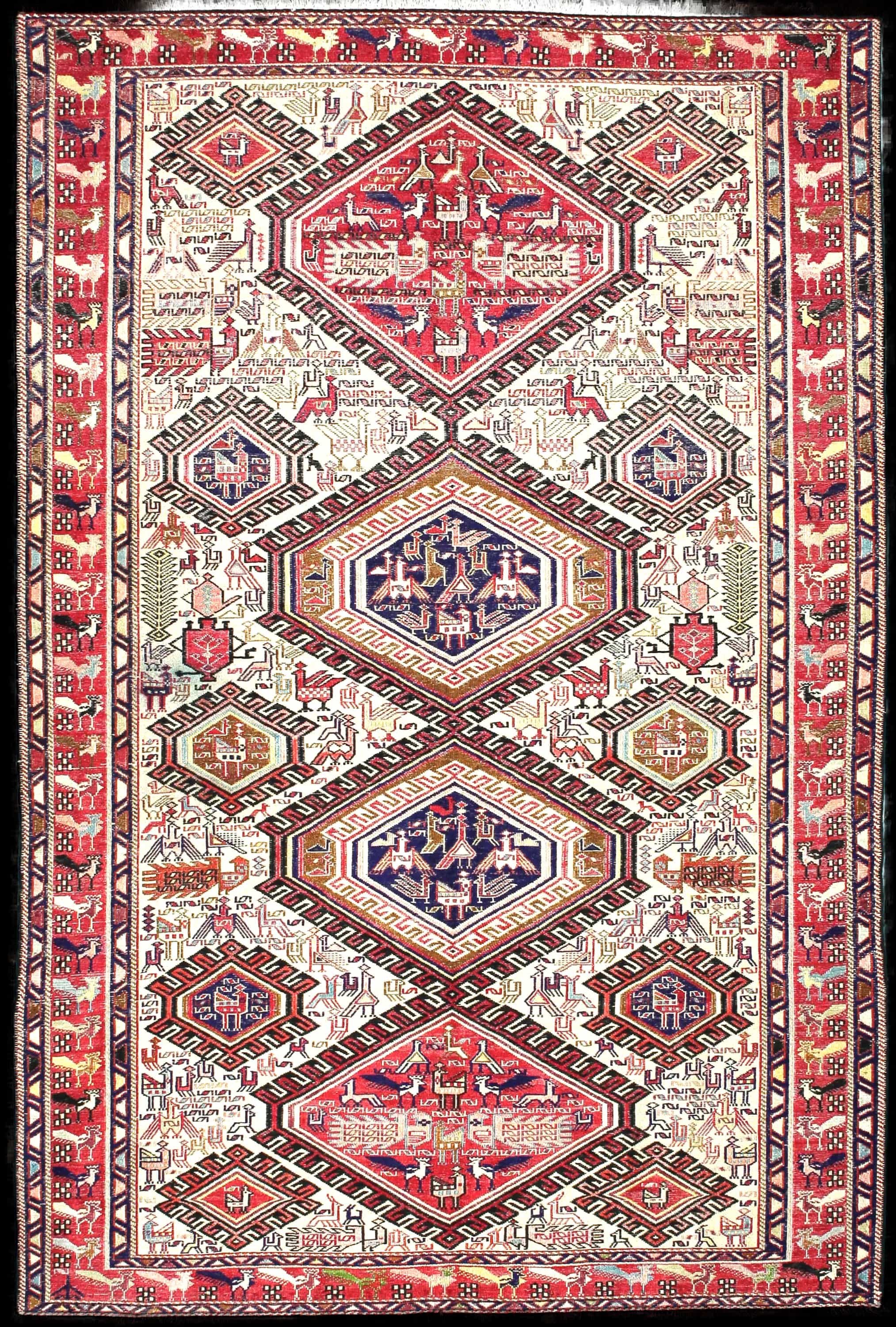 Handmade Persian rug in dimensions 186 centimeters length by 123 centimeters width with mainly Beige and Red colors