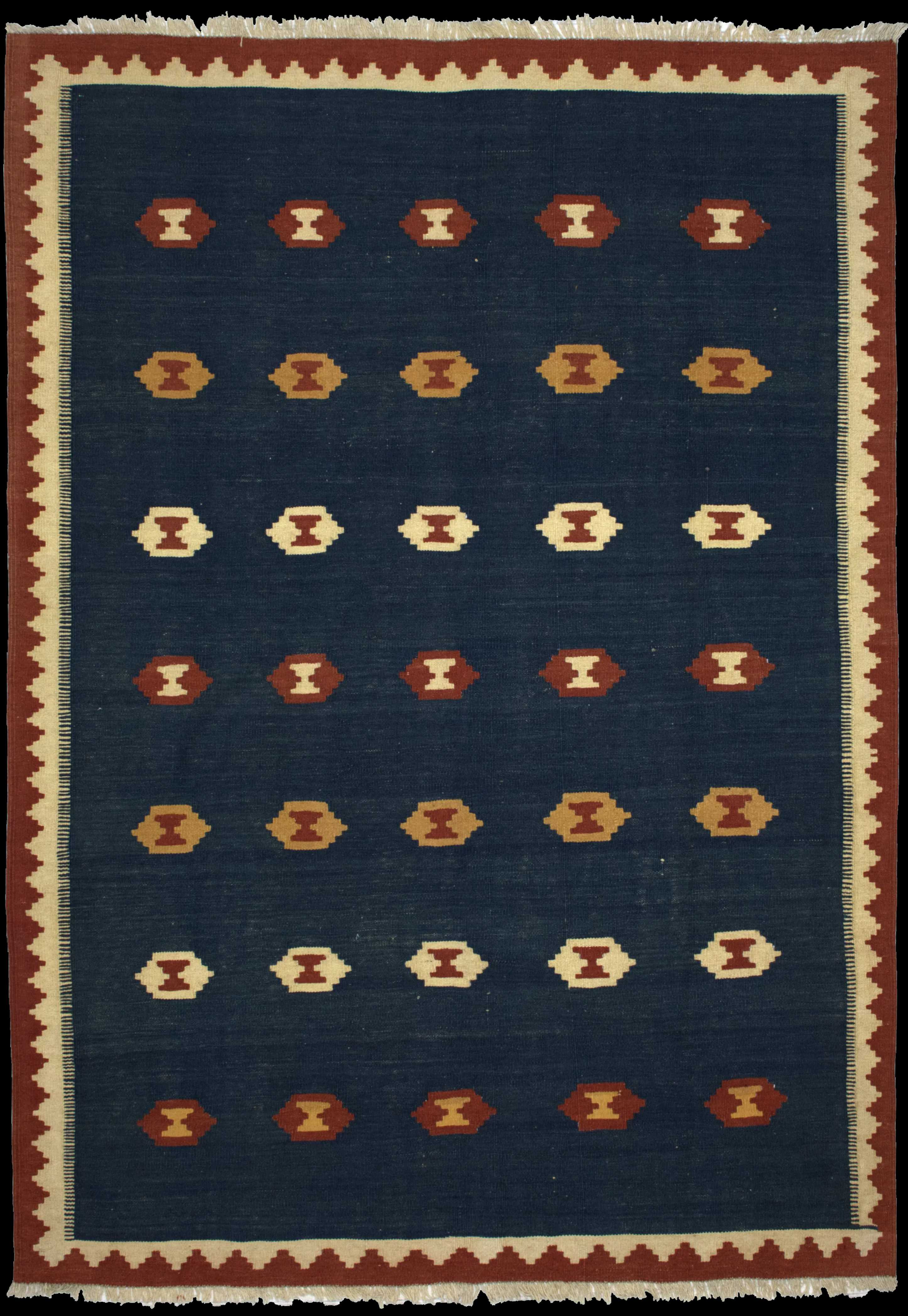 Handmade Persian rug of Kilim style in dimensions 238 centimeters length by 172 centimetres width with mainly Blue colors