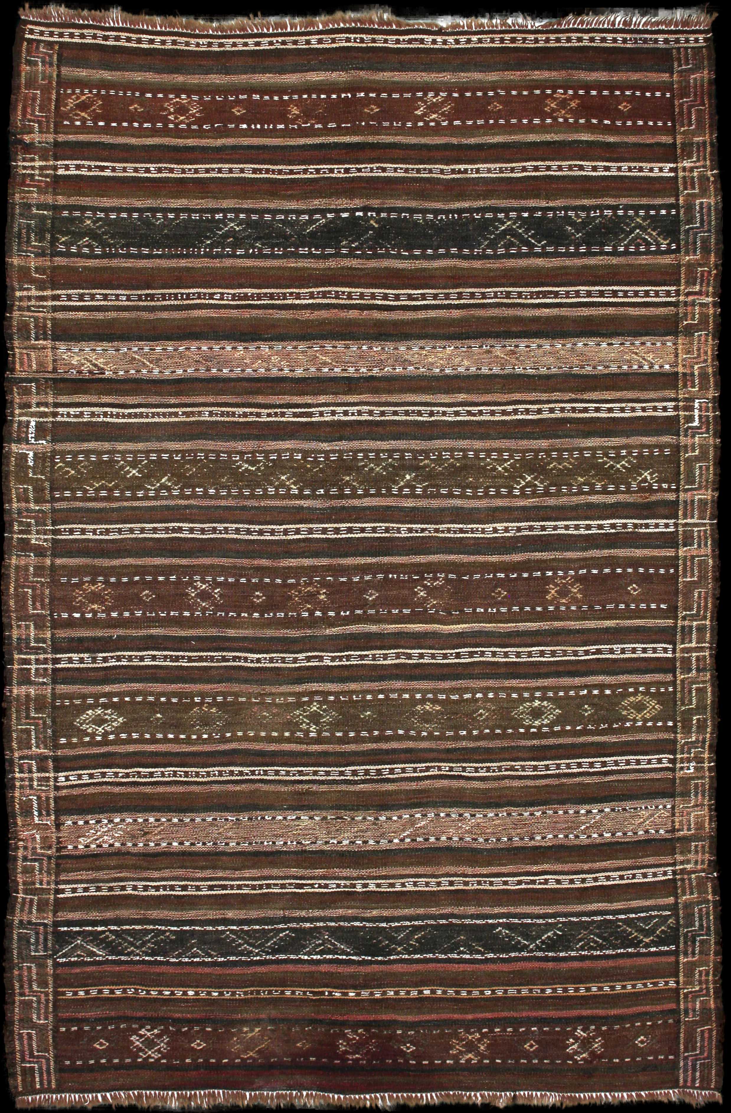 Handmade Persian rug of Sumak style in dimensions 211 centimeters length by 140 centimetres width with mainly Brown colors