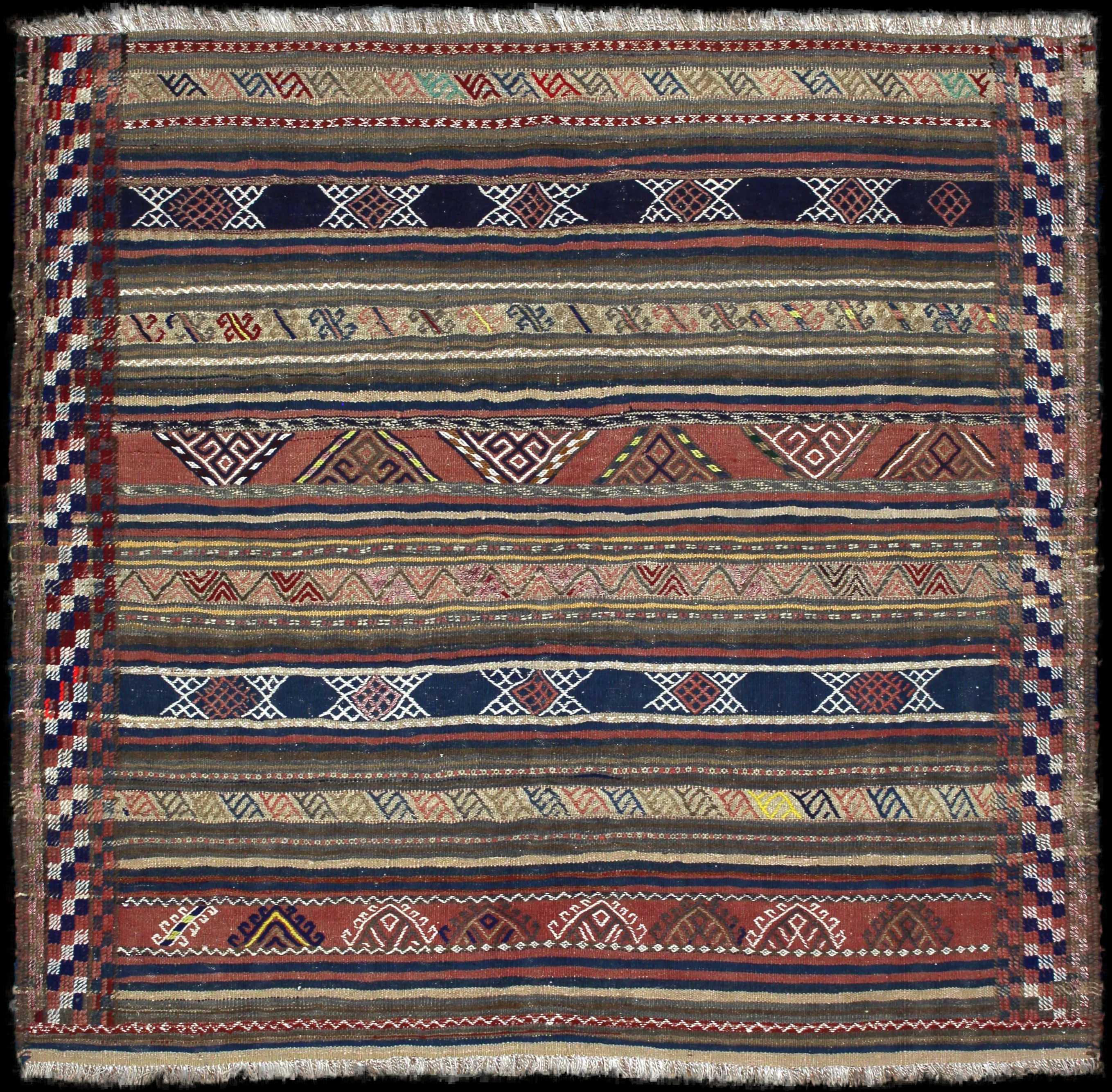 Handmade Perse rug in dimensions 153 centimeters length by 147 centimeters width with mainly Bleu et Jaune colors