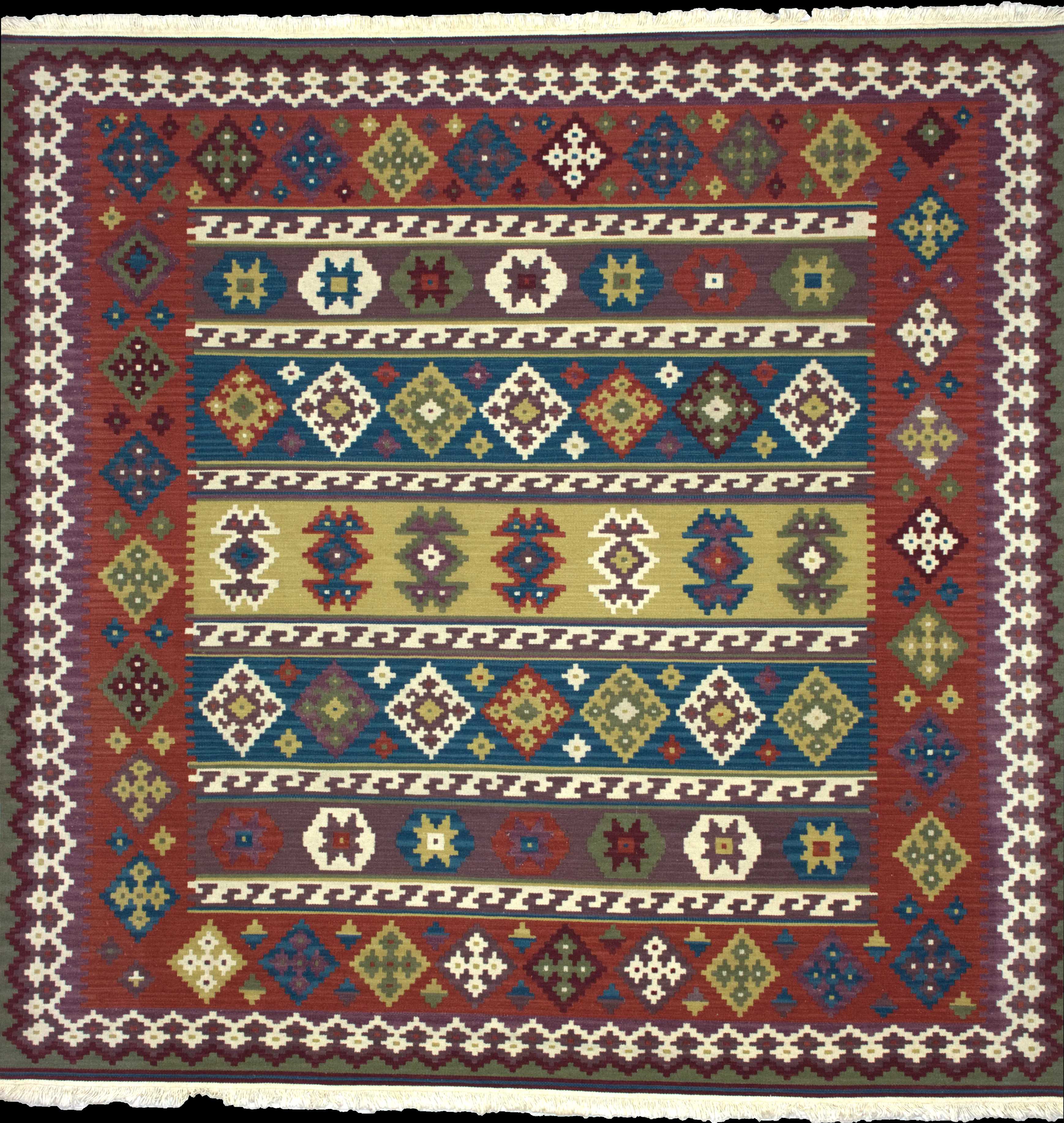 Handmade Turkish rug of Kilim style in dimensions 207 centimeters length by 205 centimetres width