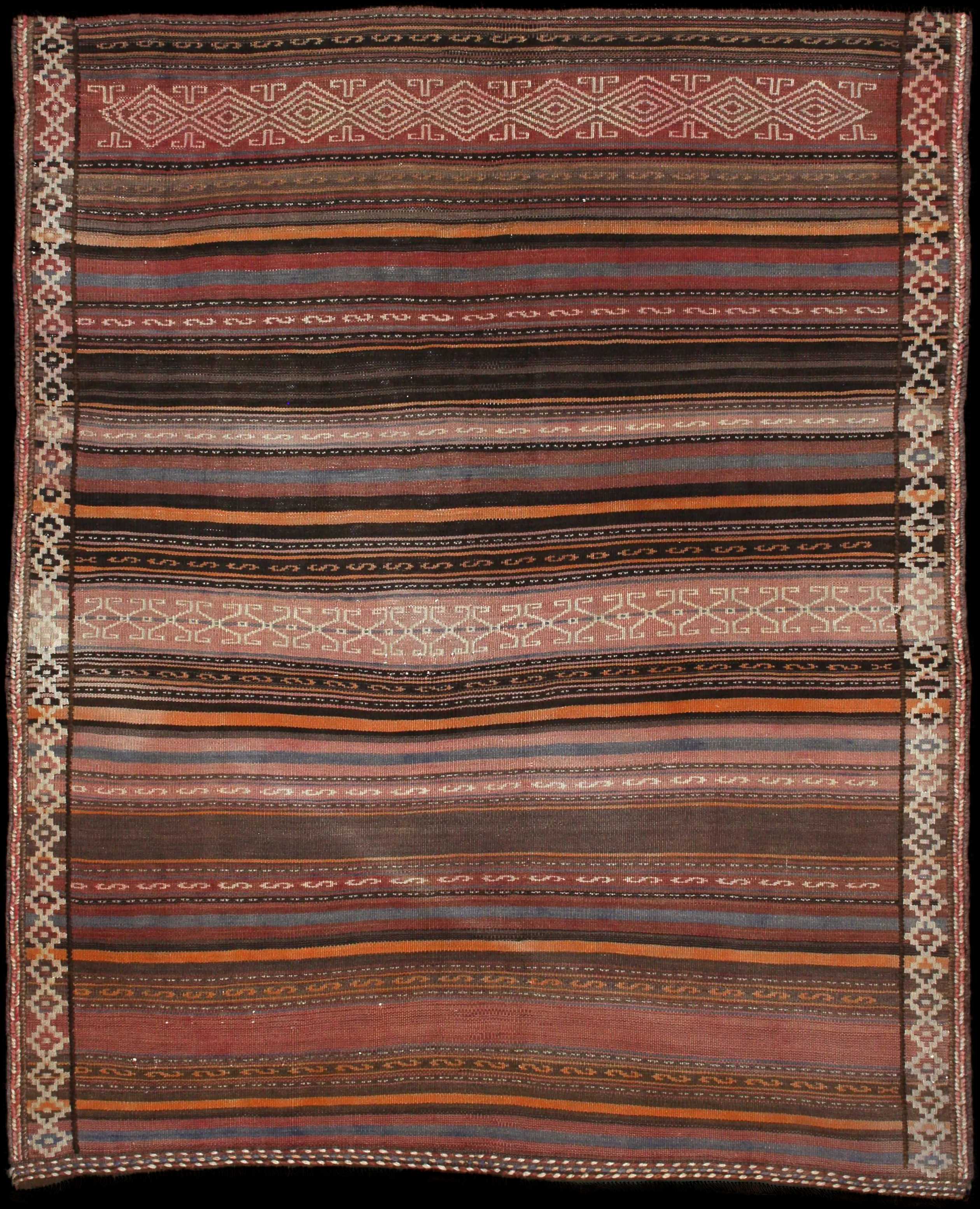 Handmade Persian rug of Sumak style in dimensions 180 centimeters length by 145 centimetres width with mainly Orange colors