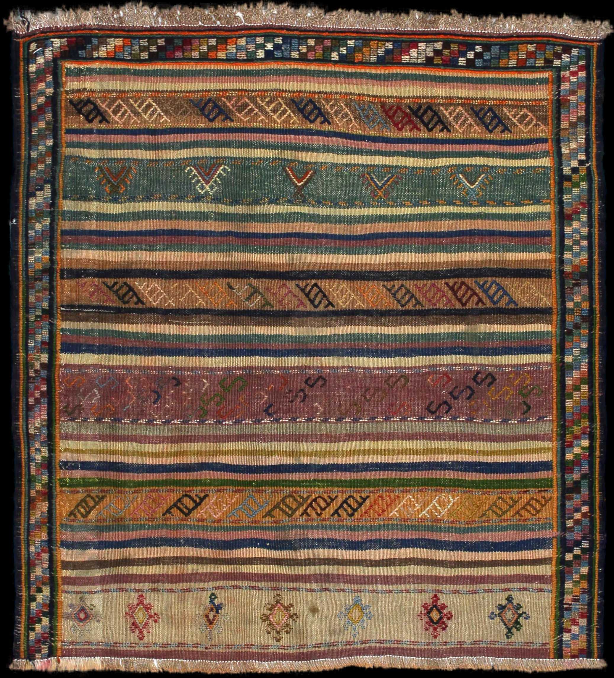 Handmade Persian rug in dimensions 128 centimeters length by 120 centimeters width with mainly Green and Yellow colors