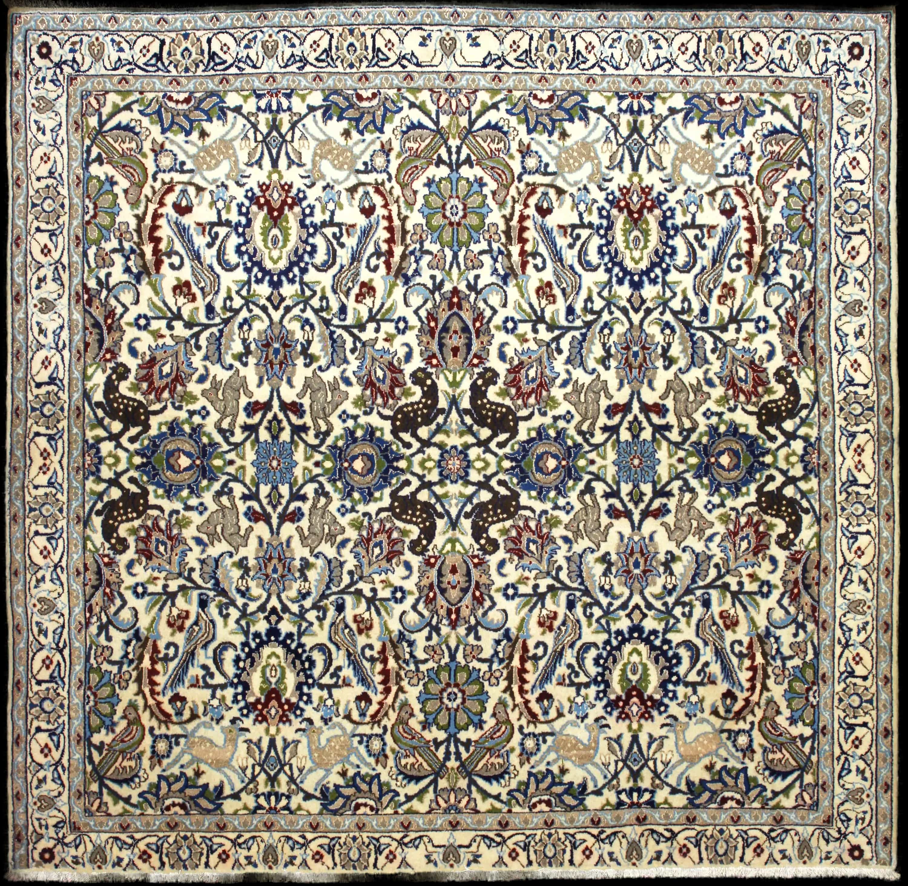 Handmade Persian rug in dimensions 200 centimeters length by 192 centimeters width with mainly Beige and Blue colors