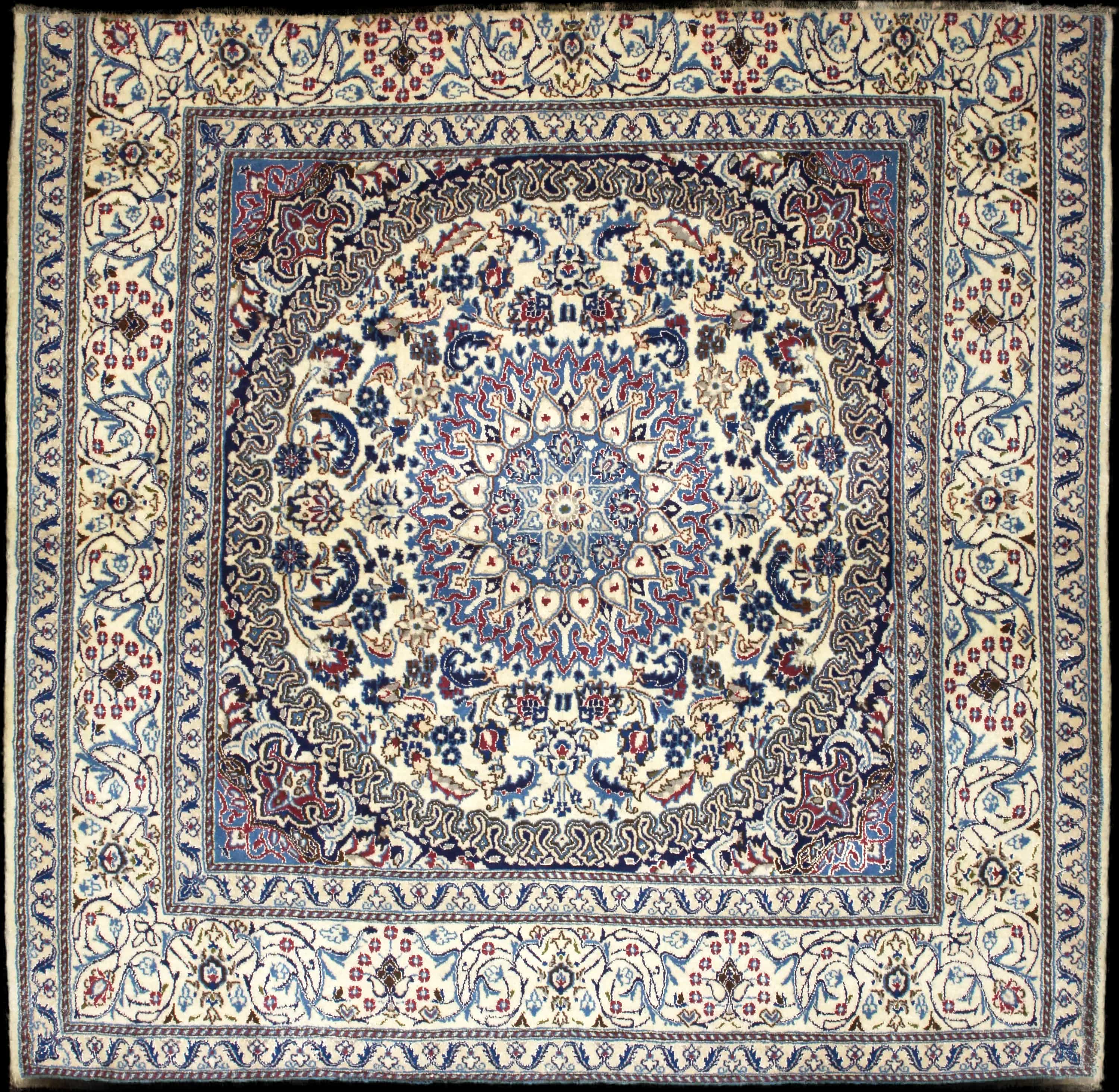 Handmade Perse rug in dimensions 200 centimeters length by 192 centimeters width with mainly Beige et Rouge colors