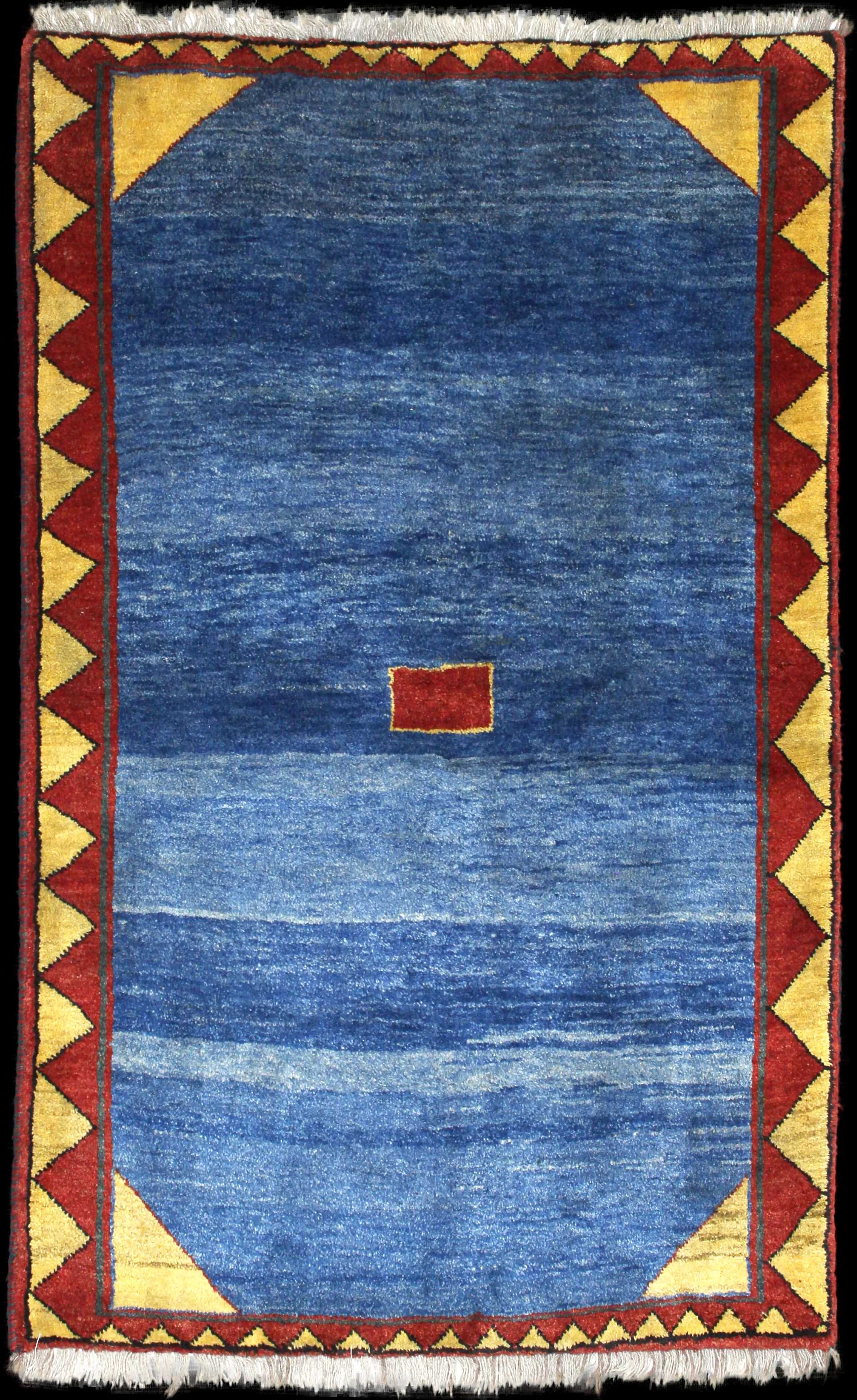 Handmade Persian rug of Gabbeh style in dimensions 200 centimeters length by 128 centimetres width with mainly Blue colors