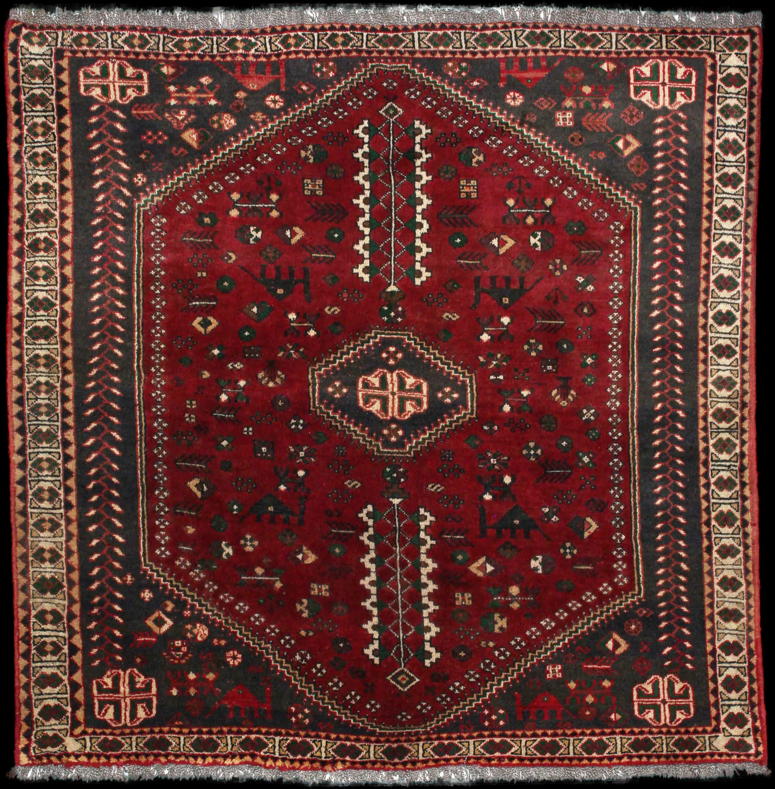 Handmade Perse rug in dimensions 198 centimeters length by 197 centimeters width with mainly Rouge et Noir colors