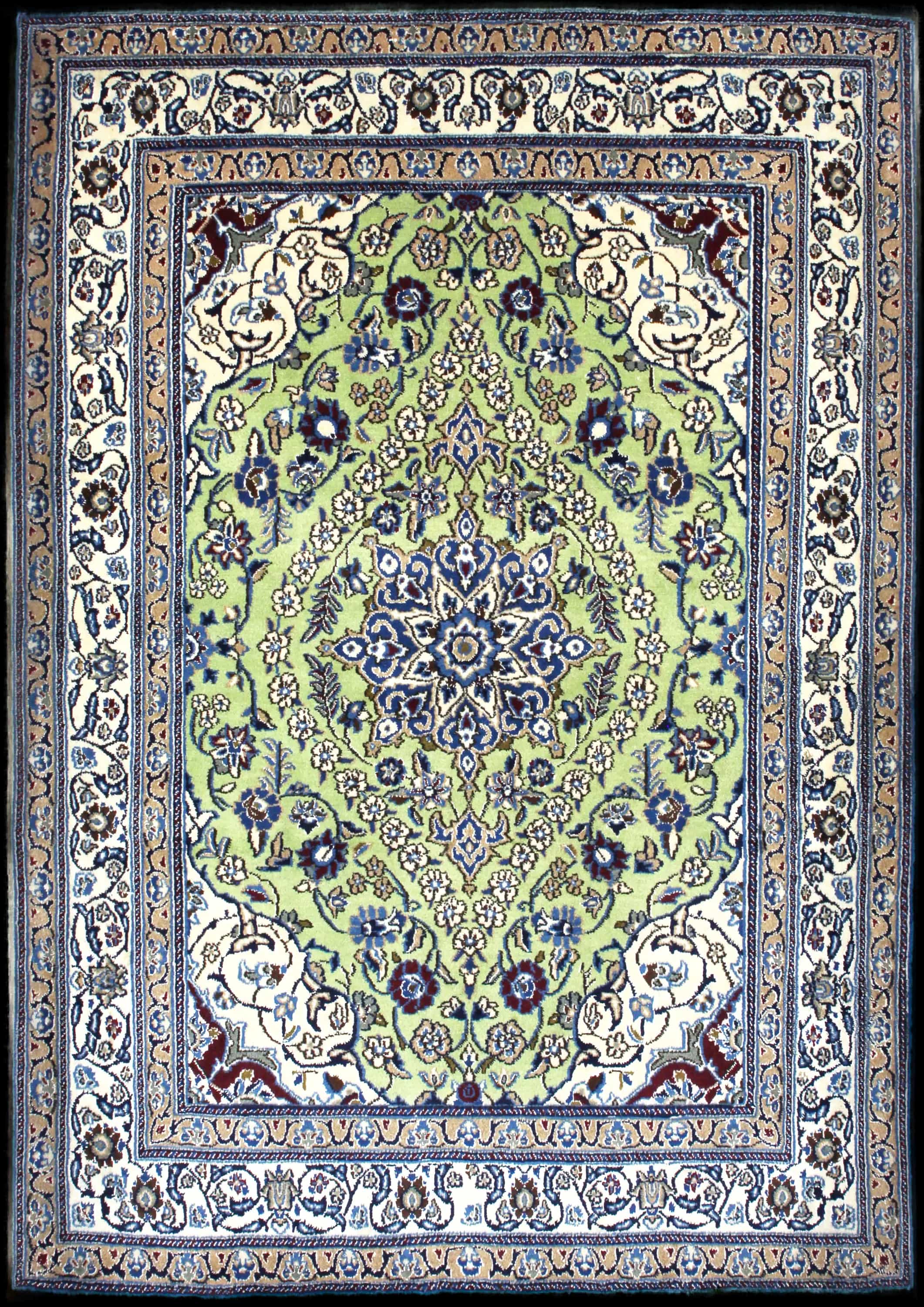 Handmade Perse rug in dimensions 208 centimeters length by 146 centimeters width with mainly Vert et Bleu colors