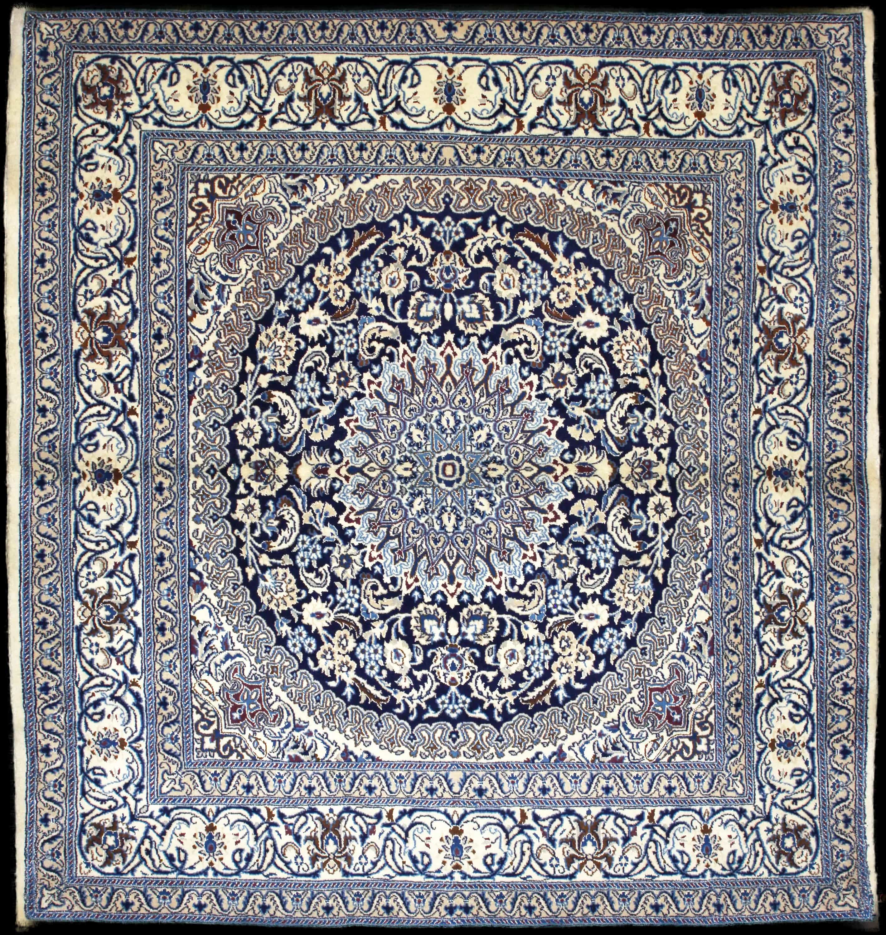 Handmade Perse rug in dimensions 208 centimeters length by 198 centimeters width with mainly Beige et Bleu colors