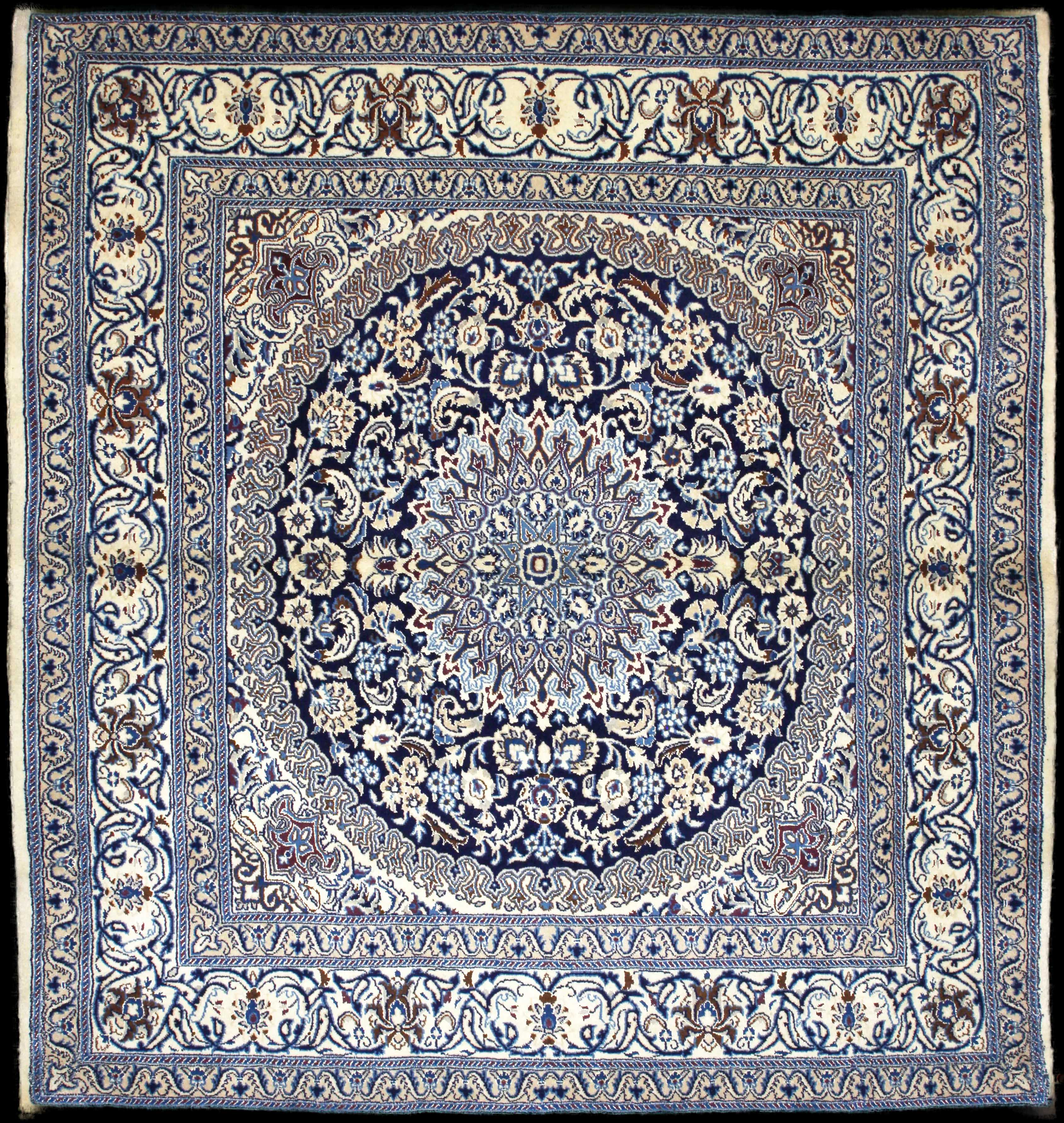 Handmade Persian rug of Nain style in dimensions 208 centimeters length by 198 centimetres width with mainly Beige and Blue colors