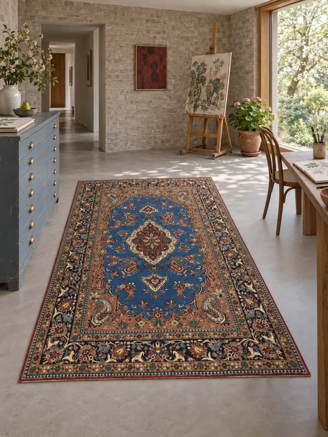 Persian rug, floral, 140x220 cm, mainly blue — In a room