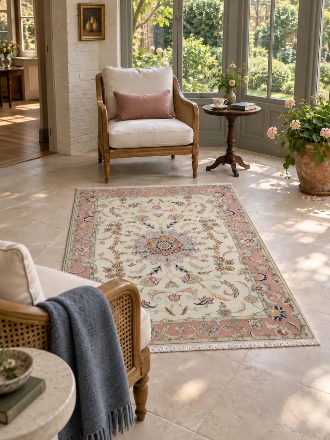 Persian Tabriz rug, floral, 124x190 cm, mainly pink and cream — In a room