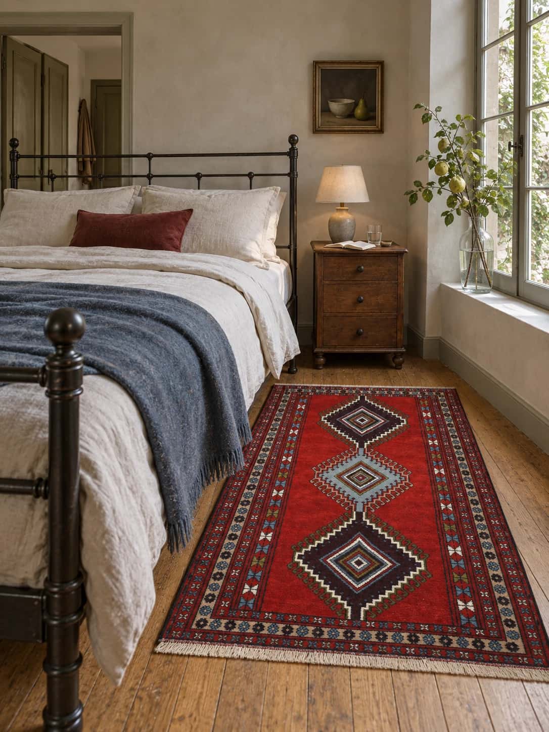 Persian Quchan rug, oriental, 122x162 cm, mainly red — In a room