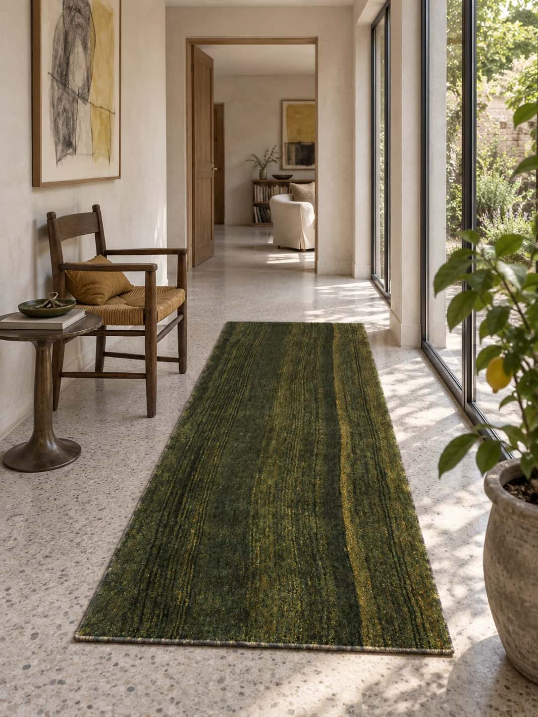 Persian Gabbeh rug, plain, 75x165 cm, mainly green — In a room