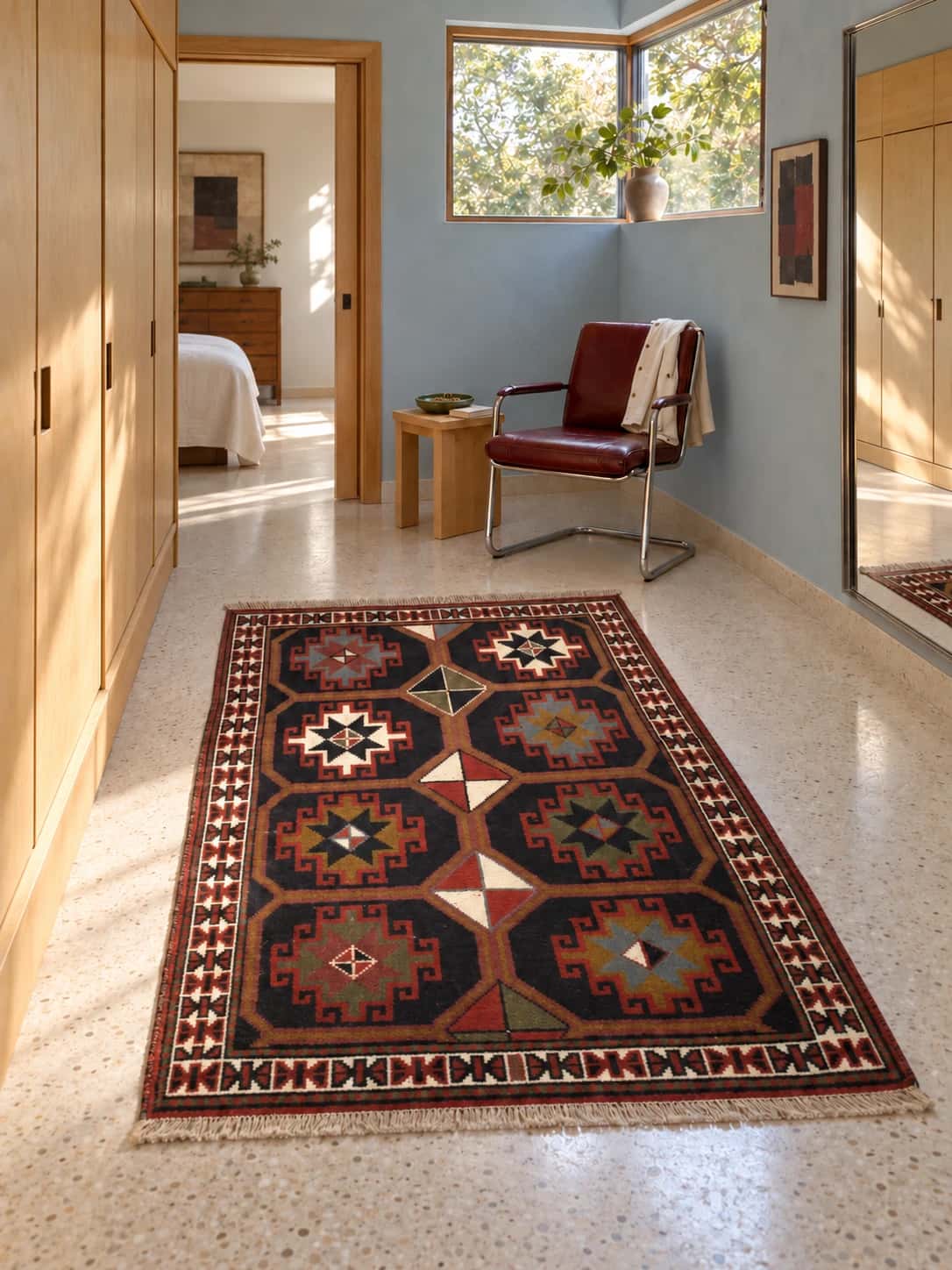 Persian Quchan rug, oriental, 107x164 cm, mainly black and brown — In a room