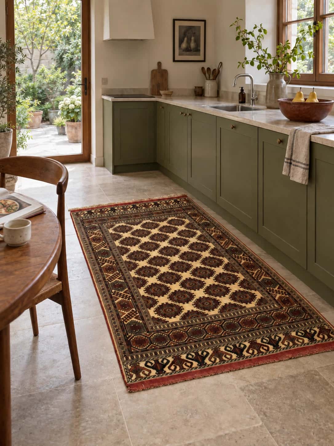 Persian Turkoman rug, oriental, 140x196 cm, mainly yellow and brown — In a room