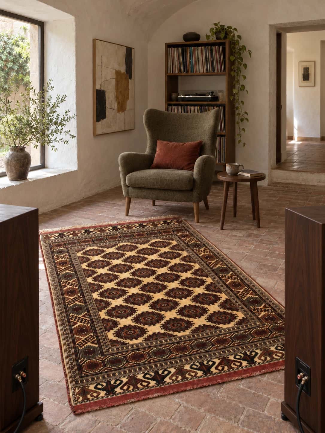 Perserteppich Turkmene, orientalisch, 140x196 cm, überwiegend in Gelb und Braun — Im Raum
