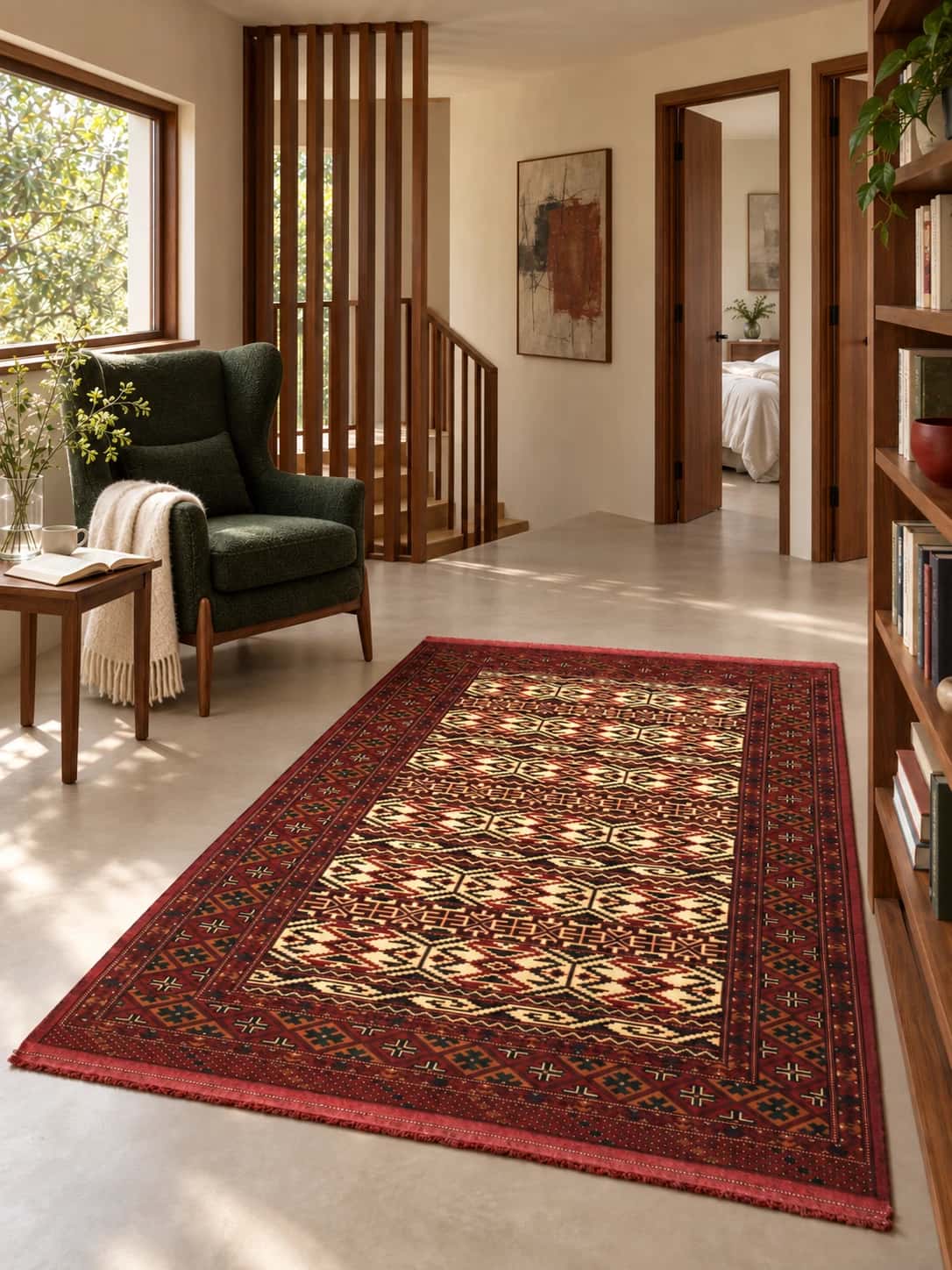 Persian Turkoman rug, oriental, 114x172 cm, mainly beige and red — In a room
