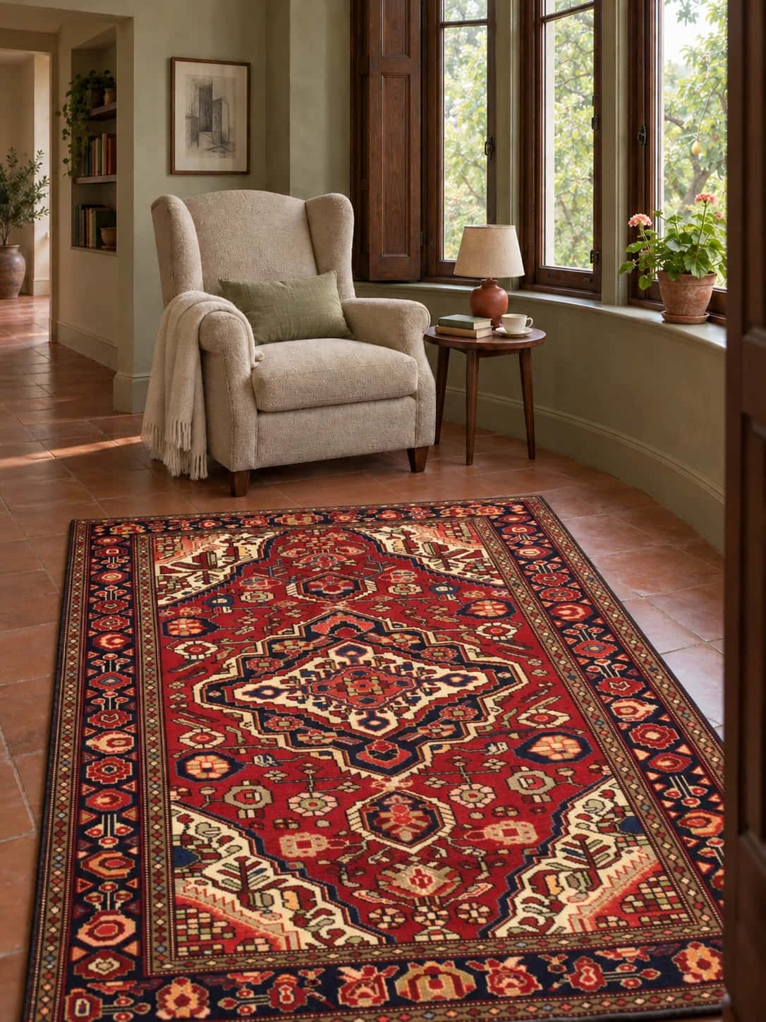 Persian rug, oriental, 126x193 cm, mainly red — In a room