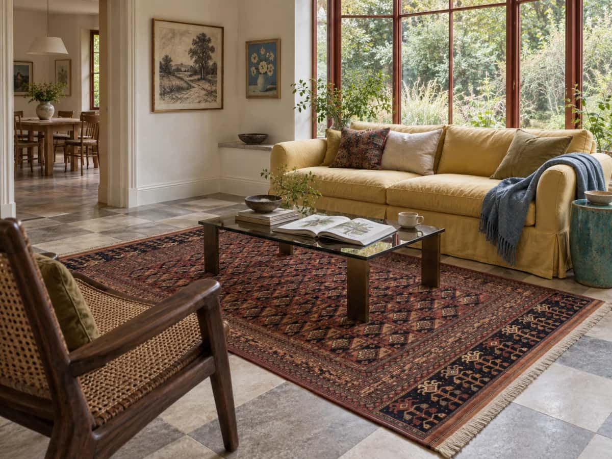 Alfombra persa turcomana, geométrica, 160x223 cm, principalmente en rosa y marrón — En una habitación