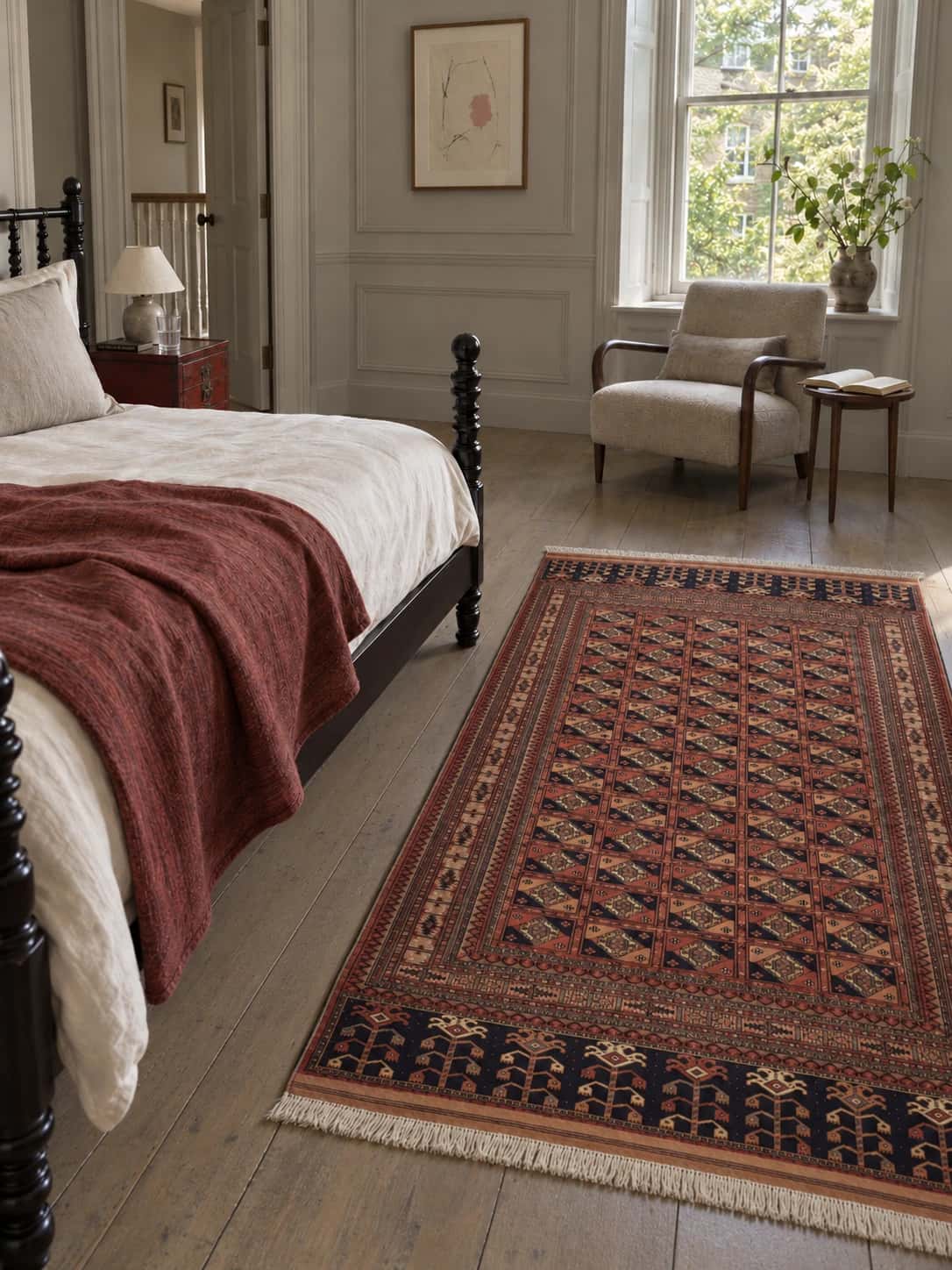 Alfombra persa turcomana, geométrica, 160x223 cm, principalmente en rosa y marrón — En una habitación
