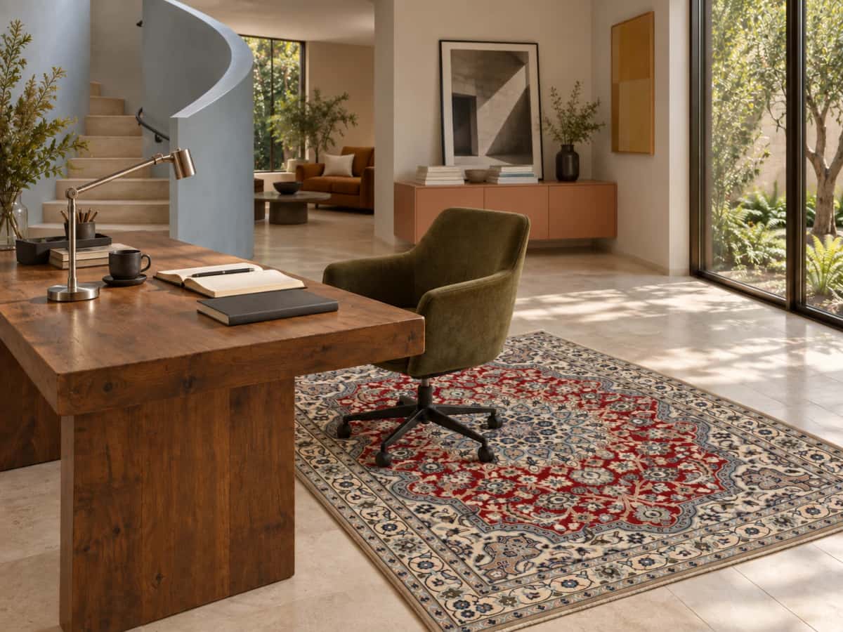 Persian Nain rug, floral, 148x196 cm, mainly red — In a room