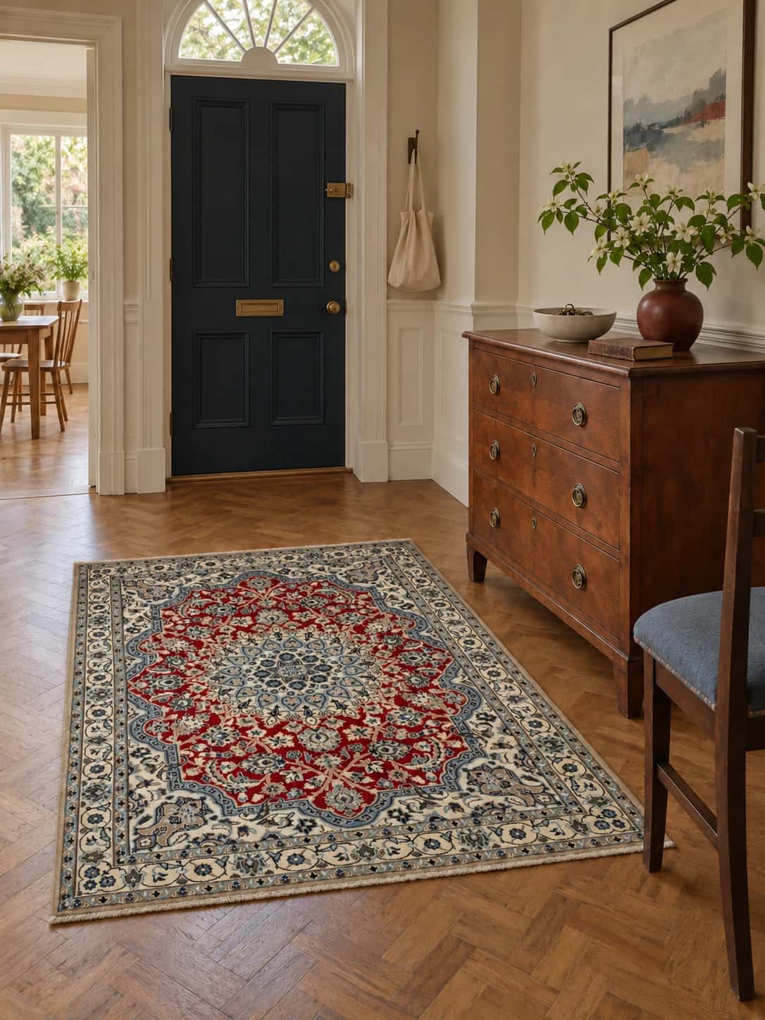 Persian Nain rug, floral, 148x196 cm, mainly red — In a room