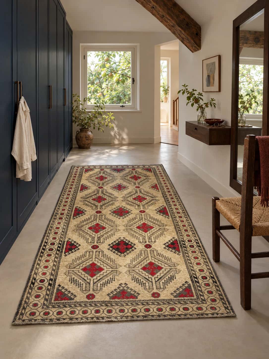 Alfombra persa baluch, geométrica, 125x214 cm, principalmente en amarillo y marrón — En una habitación