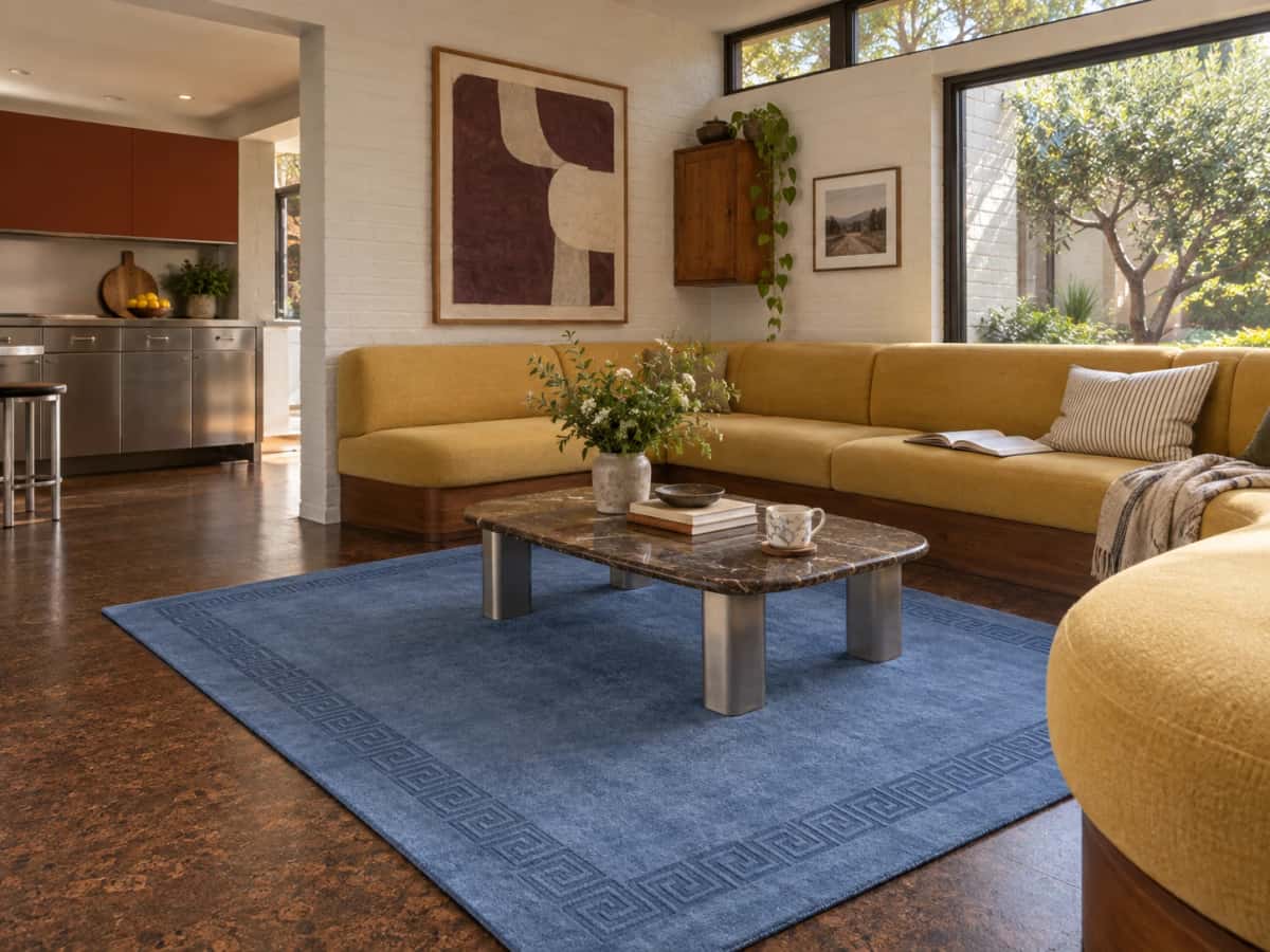 Nepalese Tibetan rug, modern, 152x203 cm, mainly blue — In a room