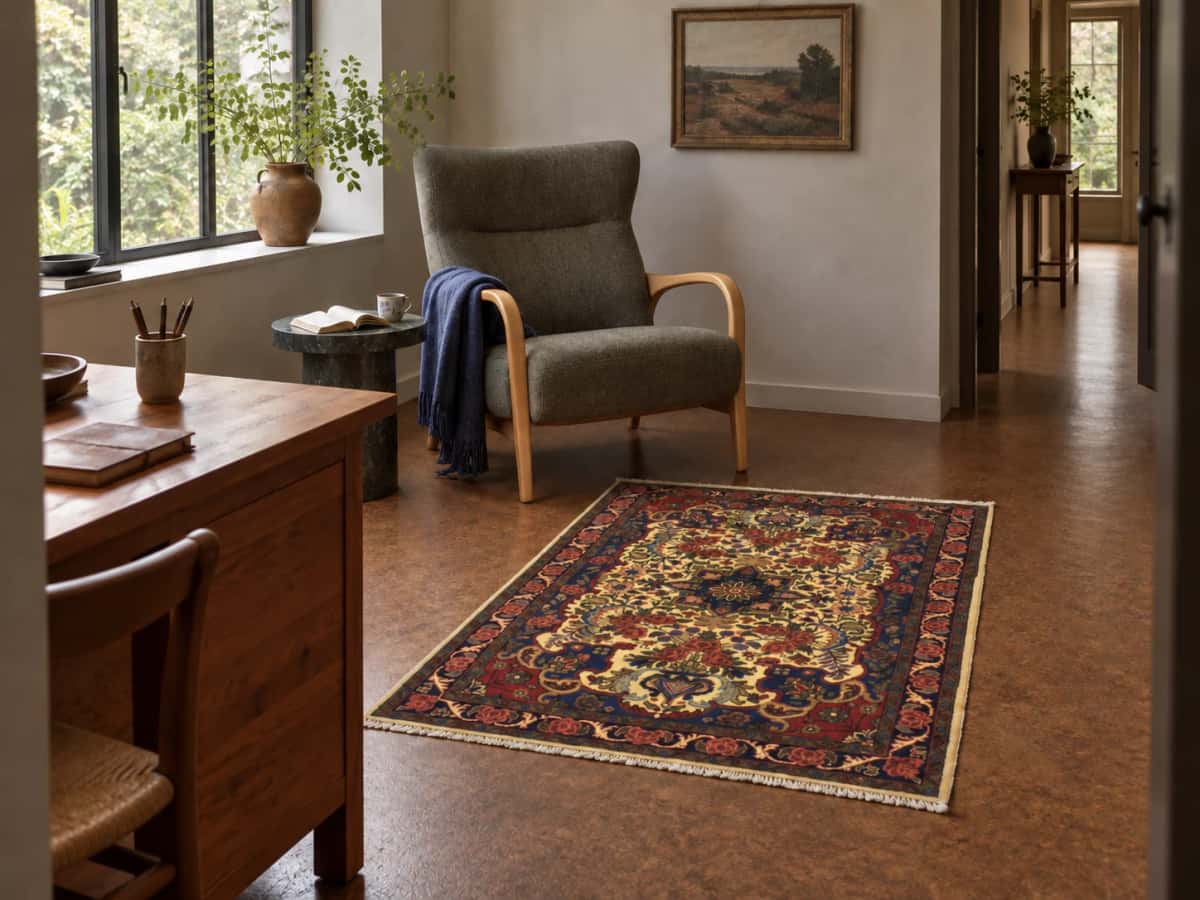 Persian rug, floral, 96x141 cm, mainly yellow — In a room