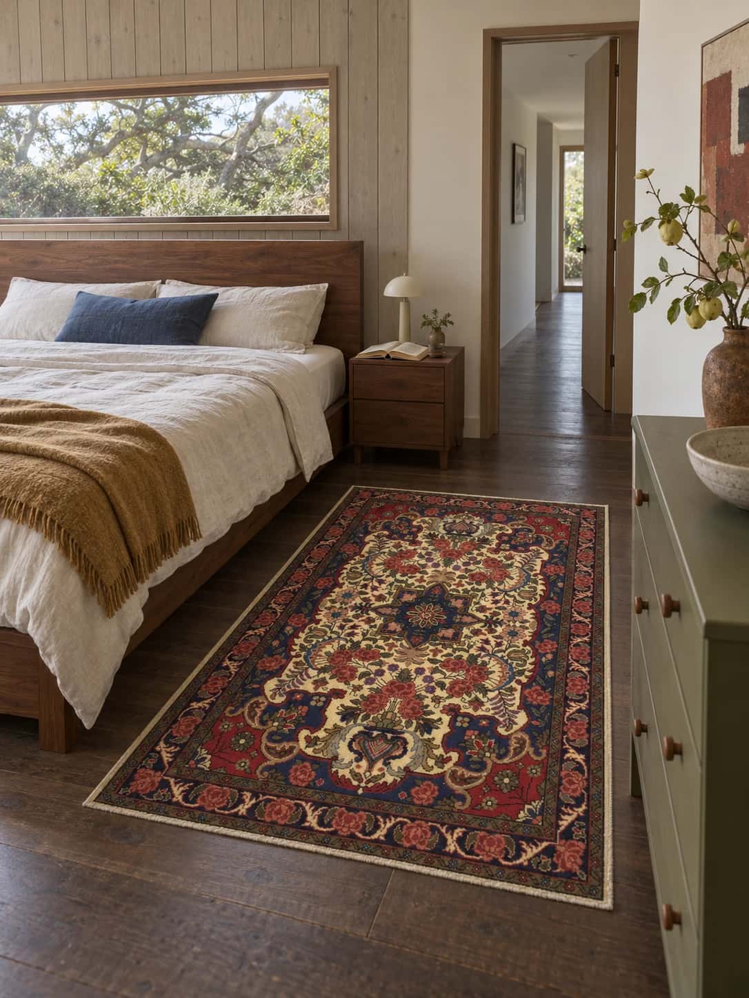 Persian rug, floral, 96x141 cm, mainly yellow — In a room