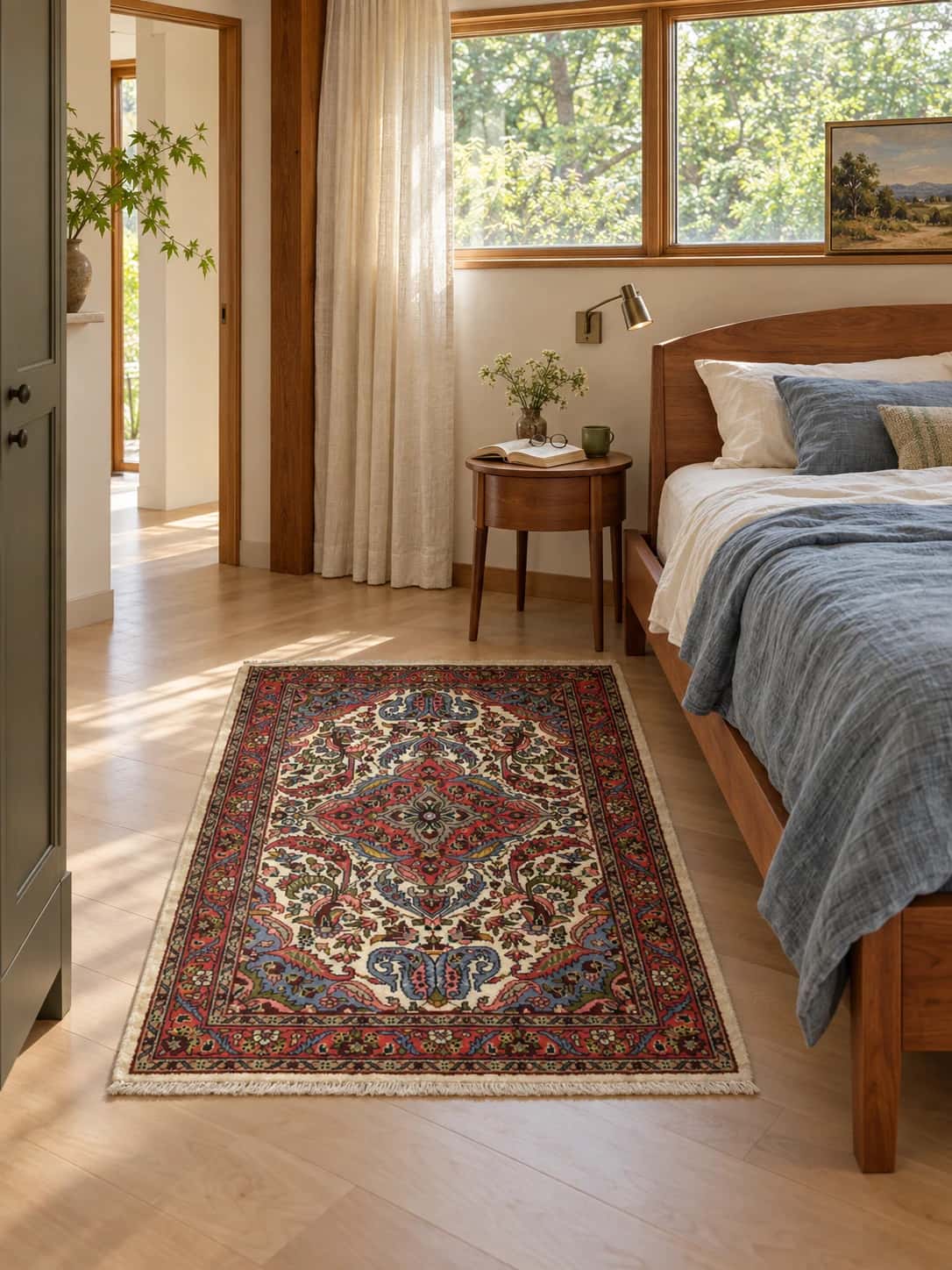 Persian rug, floral, 103x140 cm, mainly red — In a room