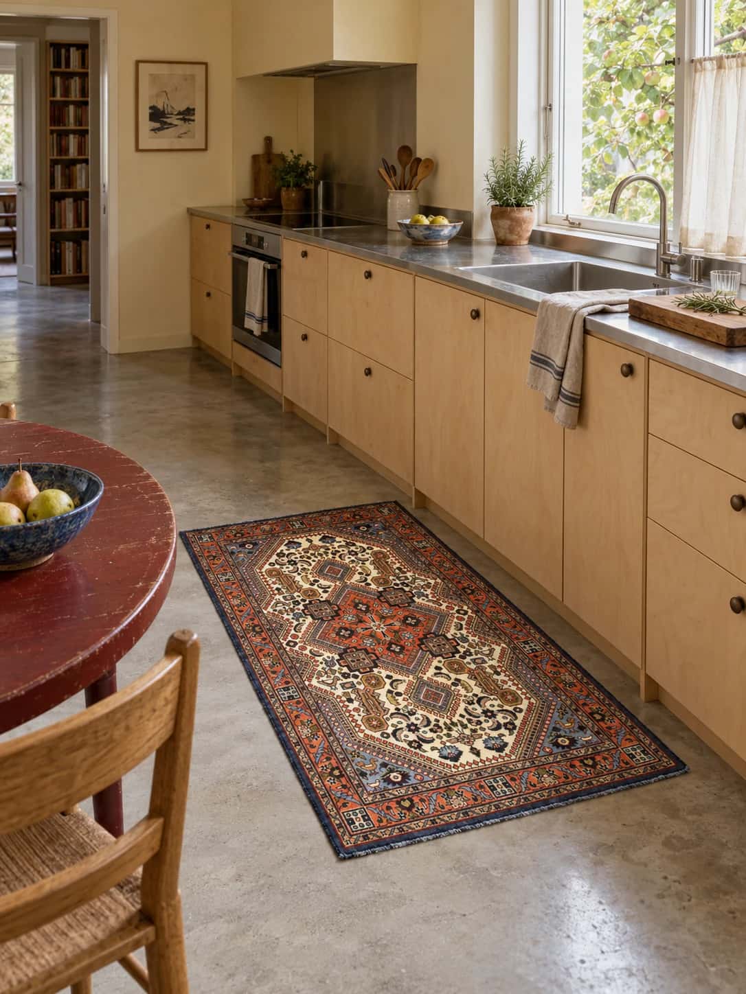 Persian Hamadan rug, oriental, 98x148 cm, mainly beige and orange — In a room