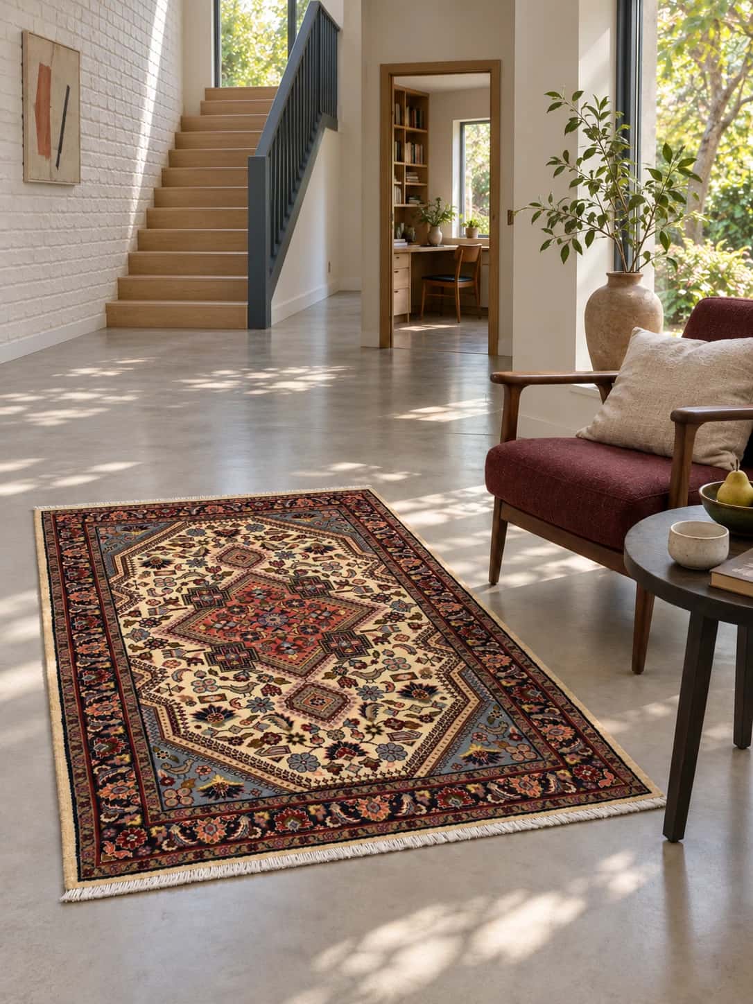 Persian rug, oriental, 108x153 cm, mainly beige — In a room