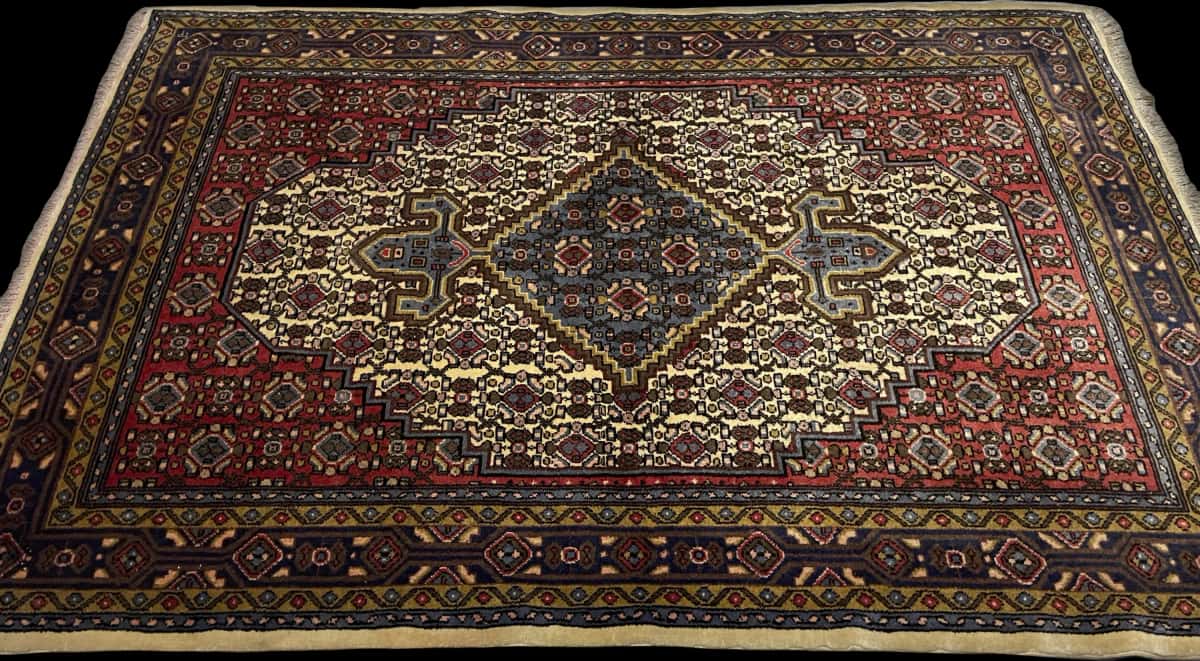 alfombra persa de estilo Hamadán en dimensiones 165 centímetros de largo por 112 centímetros de ancho con colores principalmente rojo y beige — Perspectiva