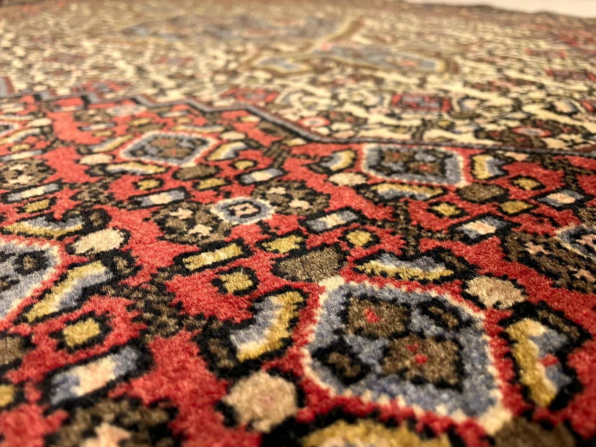 Persian rug of Hamadan style in dimensions 165 centimeters length by 112 centimeters width with mainly red and beige colors — Texture close-up