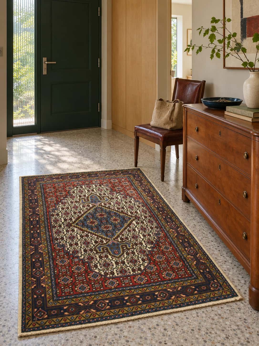 Persian Hamadan rug, oriental, 112x165 cm, mainly red and beige — In a room