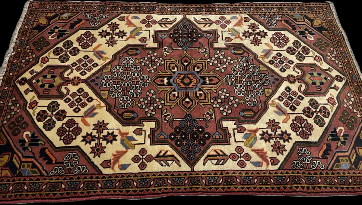 Persian rug of Hamadan style in dimensions 157 centimeters length by 100 centimeters width with mainly brown colors — Perspective