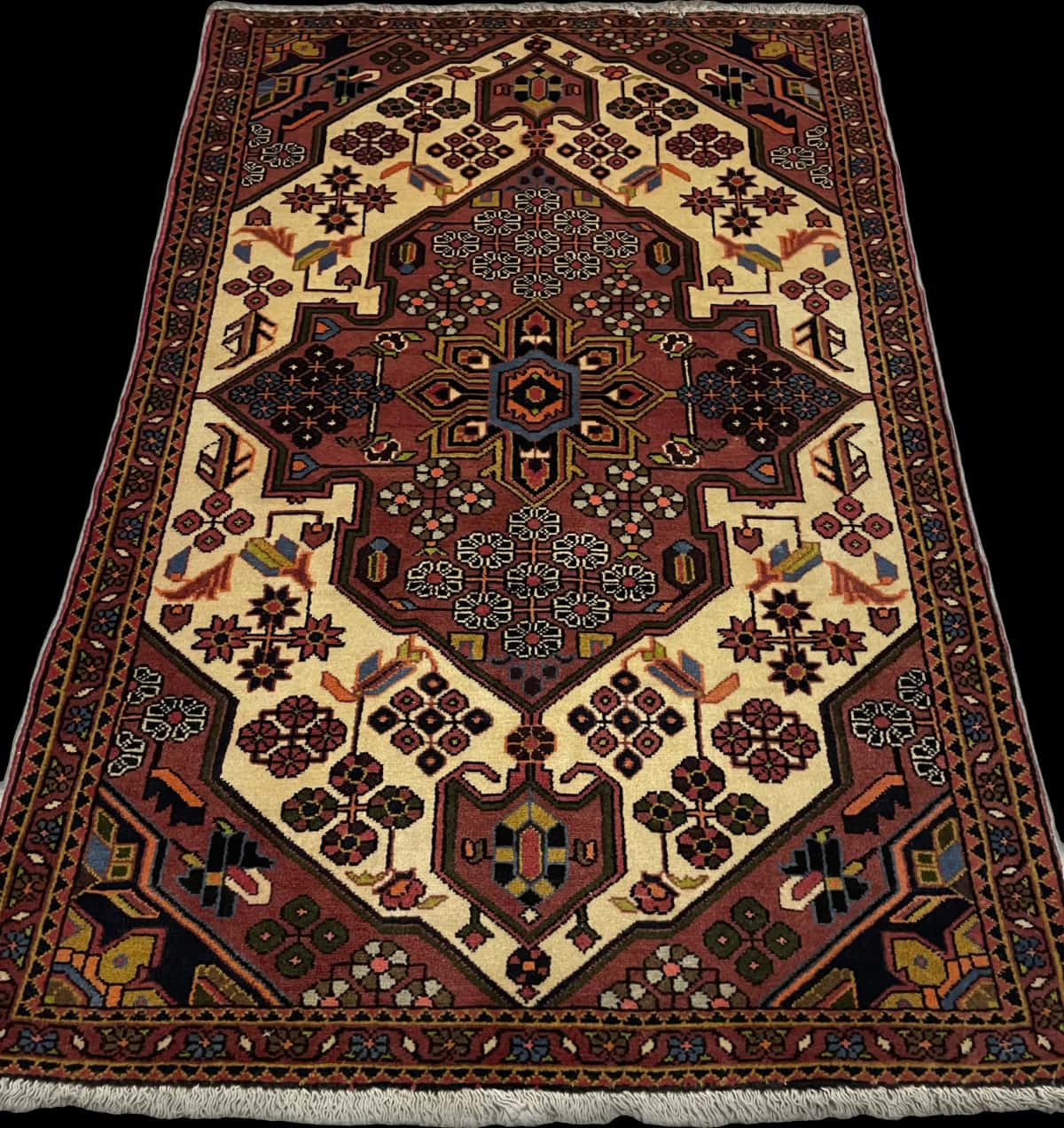 Persian rug of Hamadan style in dimensions 157 centimeters length by 100 centimeters width with mainly brown colors — Perspective