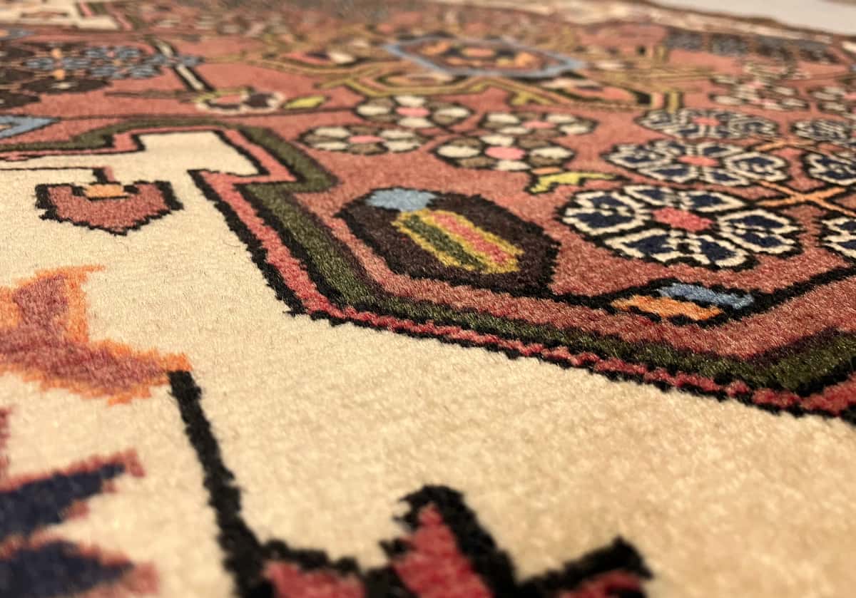 Persian rug of Hamadan style in dimensions 157 centimeters length by 100 centimeters width with mainly brown colors — Texture close-up