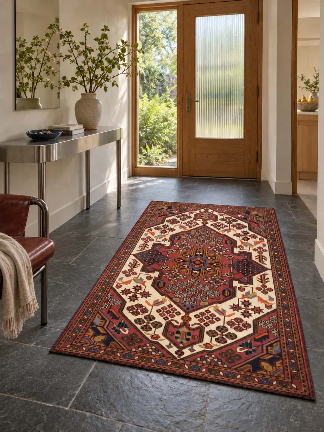 Persian Hamadan rug, oriental, 100x157 cm, mainly brown — In a room