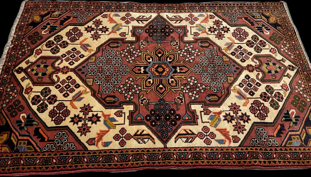 Persian rug of Hamadan style in dimensions 157 centimeters length by 100 centimeters width with mainly brown colors — Perspective