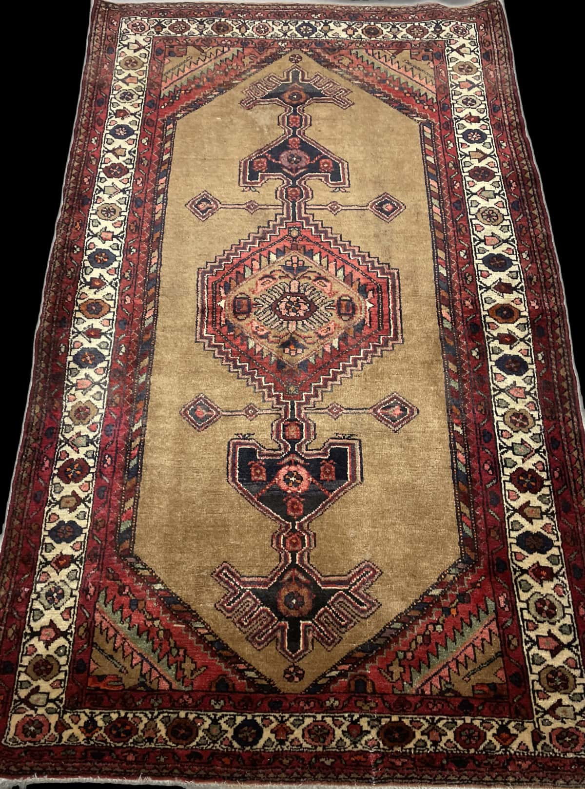 Persian rug of Hamadan style in dimensions 224 centimeters length by 135 centimeters width with mainly yellow and brown colors — Perspective