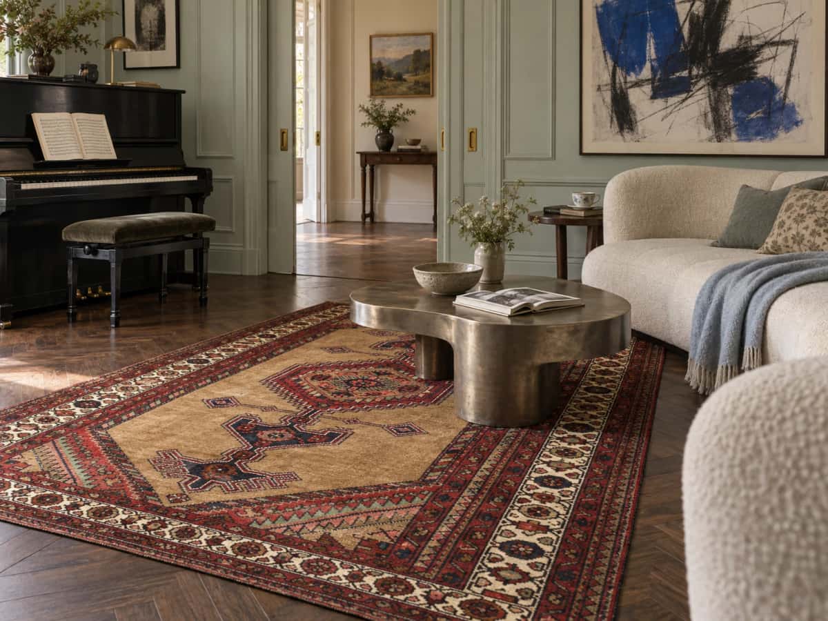 Persian Hamadan rug, oriental, 135x224 cm, mainly brown and red — In a room