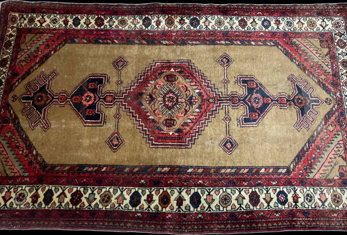alfombra persa de estilo Hamadán en dimensiones 224 centímetros de largo por 135 centímetros de ancho con colores principalmente marrón y rojo — Perspectiva