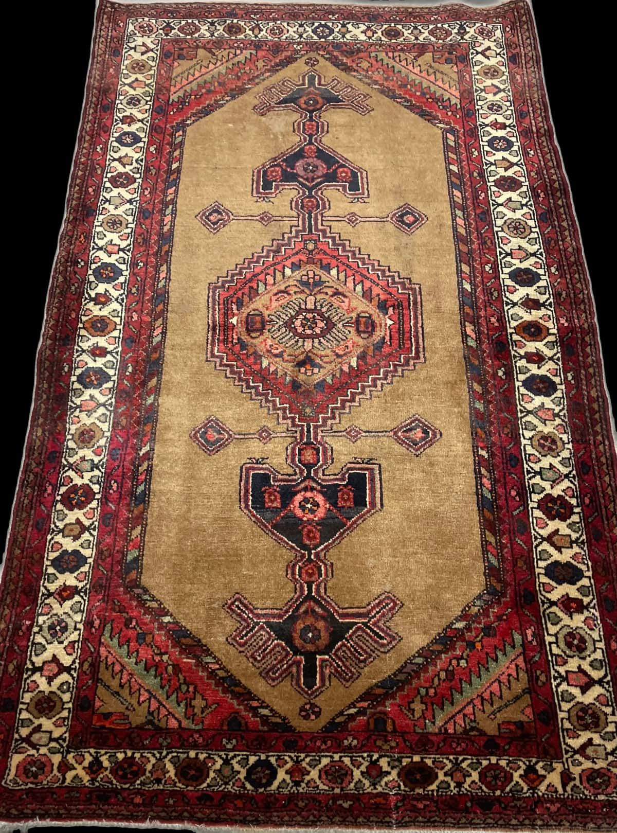 alfombra persa de estilo Hamadán en dimensiones 224 centímetros de largo por 135 centímetros de ancho con colores principalmente marrón y rojo — Perspectiva